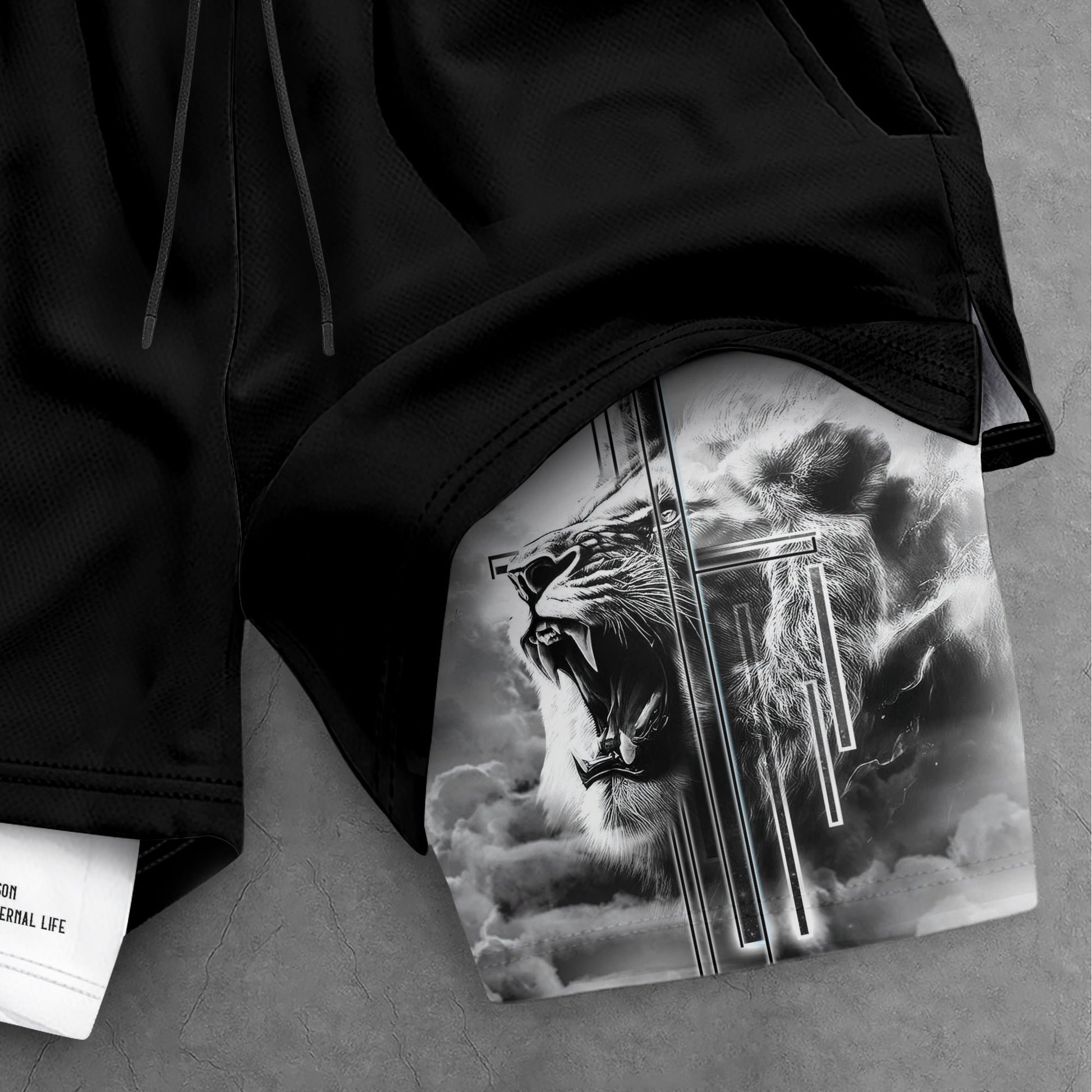 John 3:16 Christian Gym Shorts for Men Lion Cross Bible Verse - Rust Field Wear