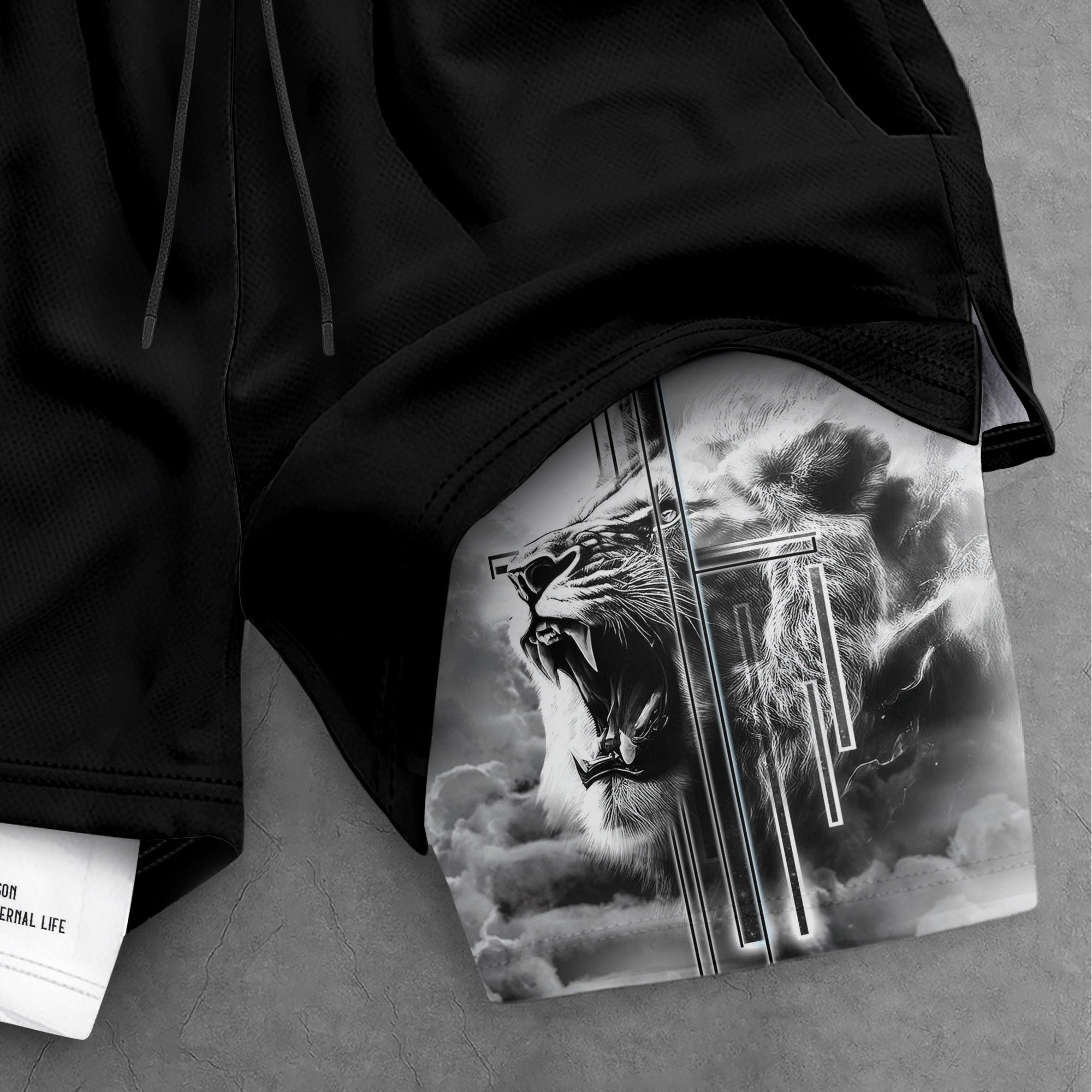 John 3:16 Christian Gym Shorts for Men Lion Cross Bible Verse - Rust Field Wear
