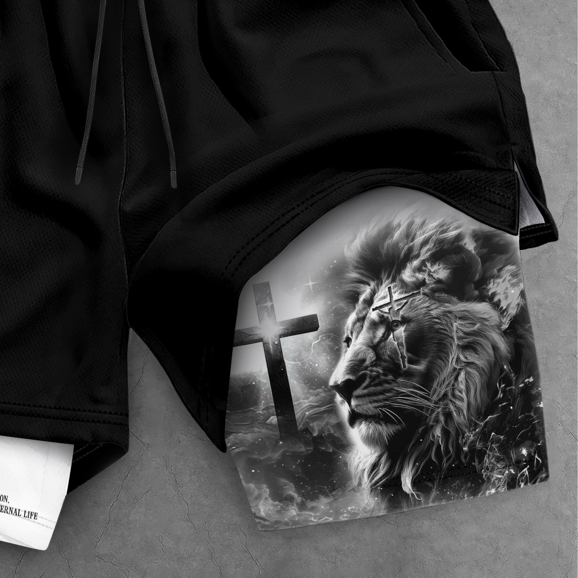 John 3:16 Christian Gym Shorts for Men Lion Cross Design - Rust Field Wear
