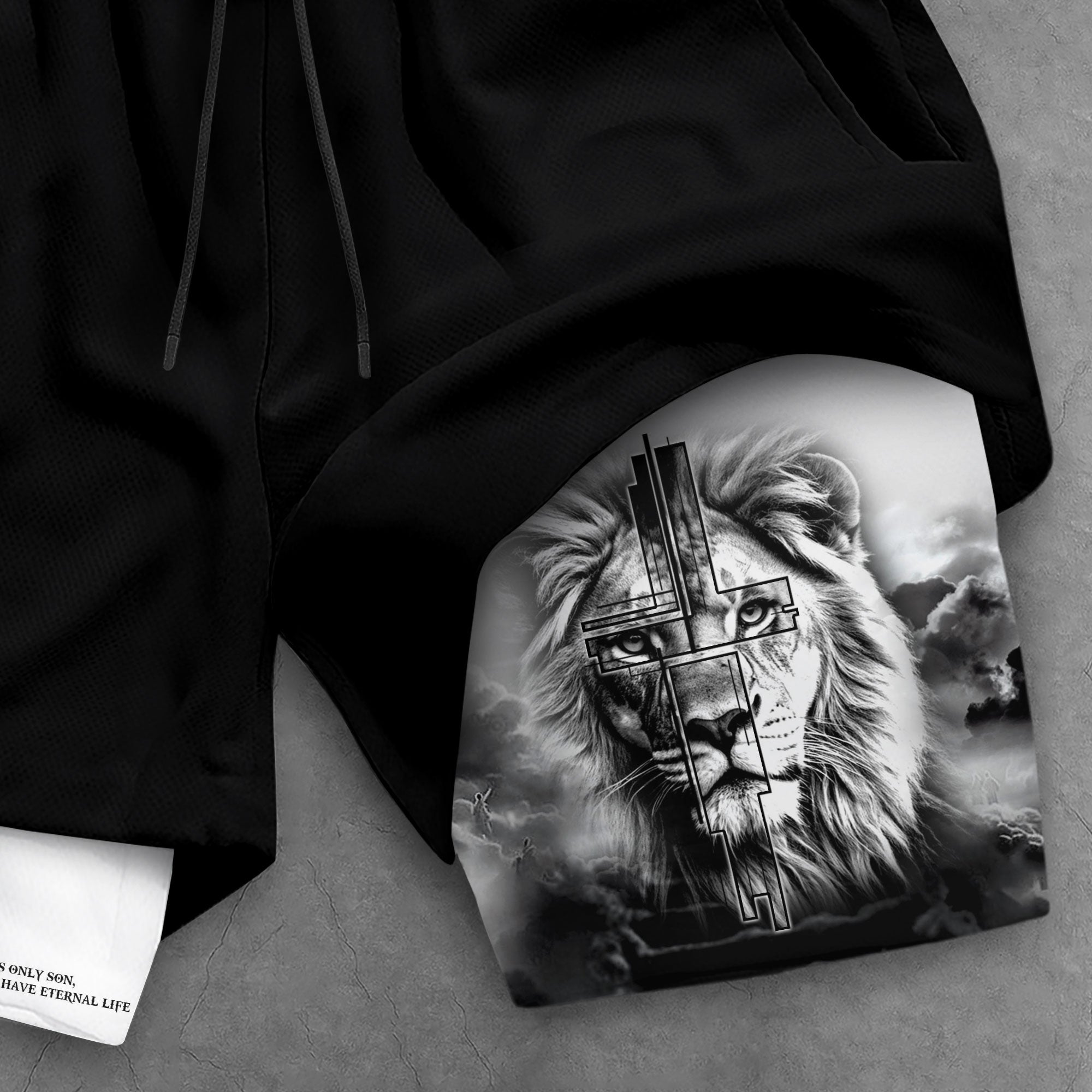John 3 16 Christian Gym Shorts for Men Lion Cross Faith Shorts