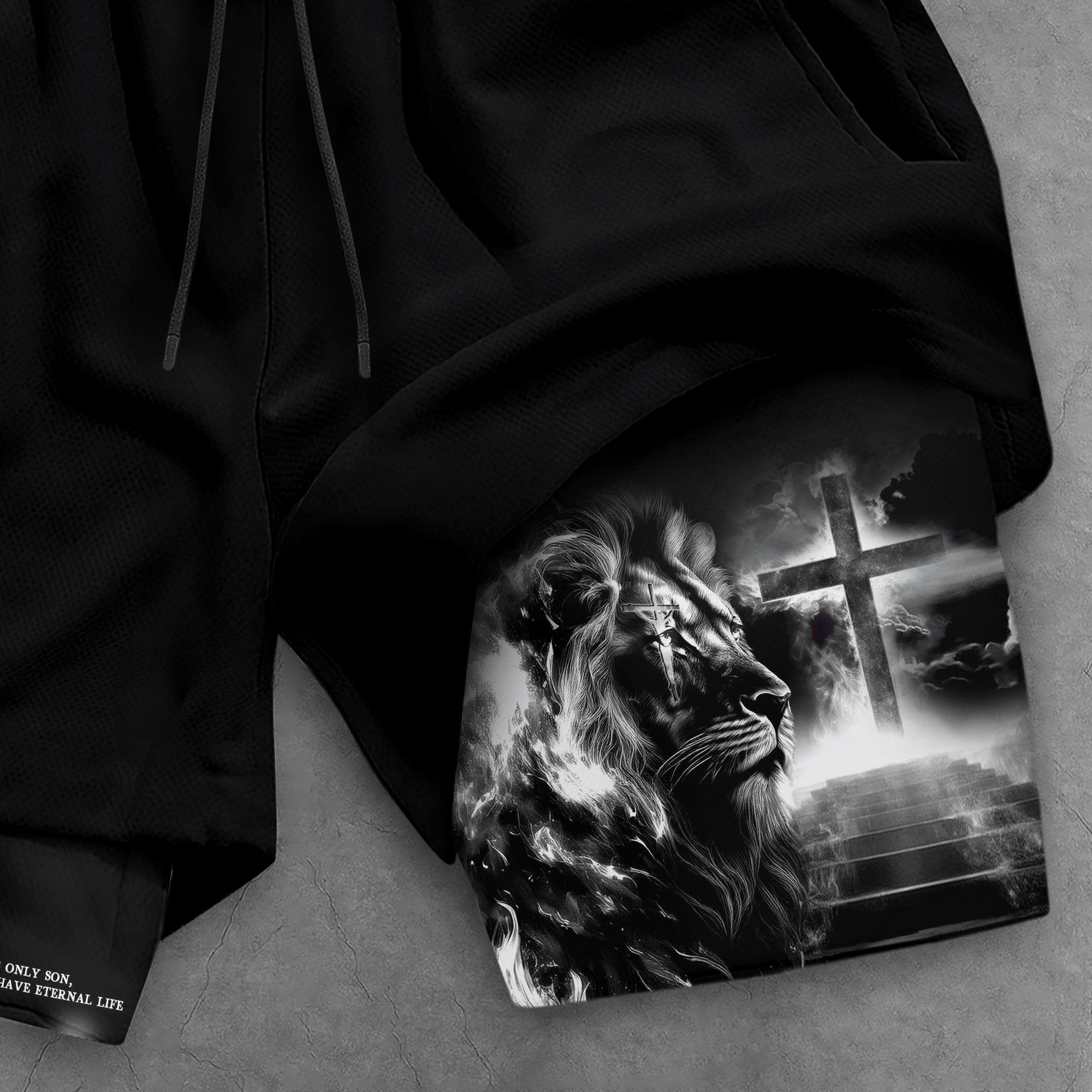 John 3 16 Christian Gym Shorts for Men Lion Cross Jesus Design