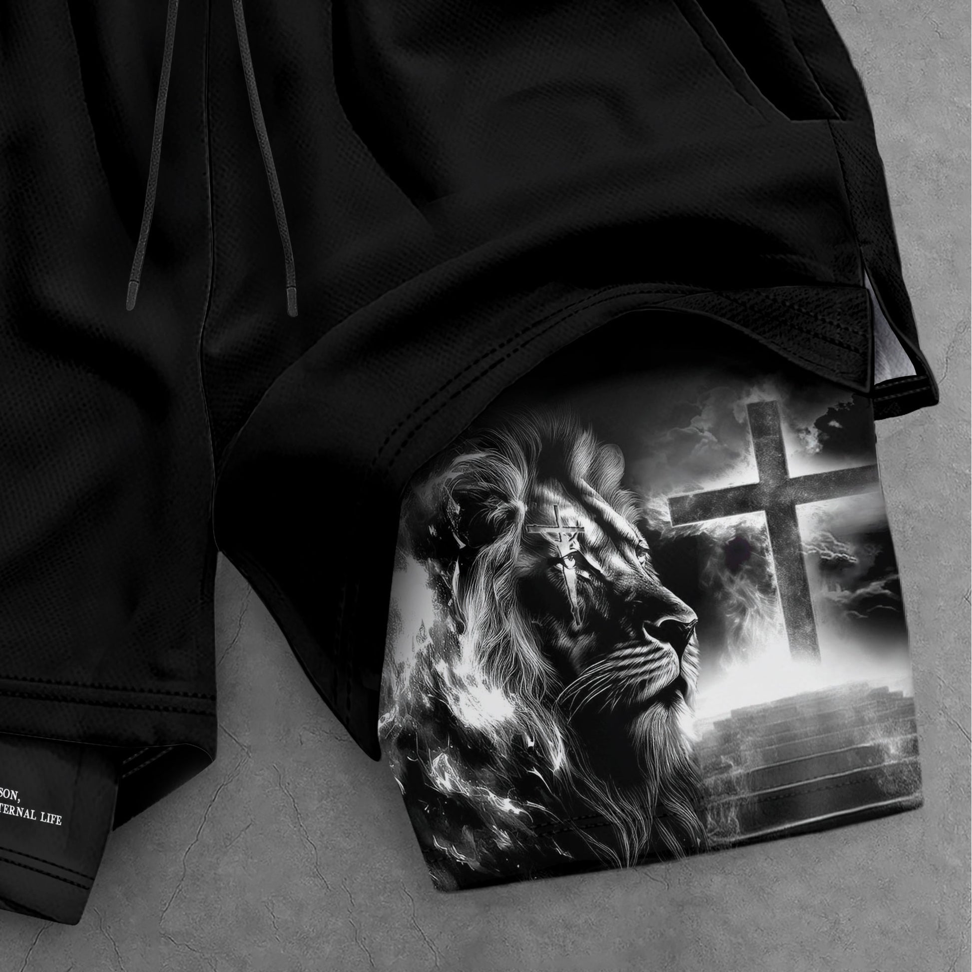 John 3:16 Christian Gym Shorts for Men Lion Cross Jesus Design - Rust Field Wear
