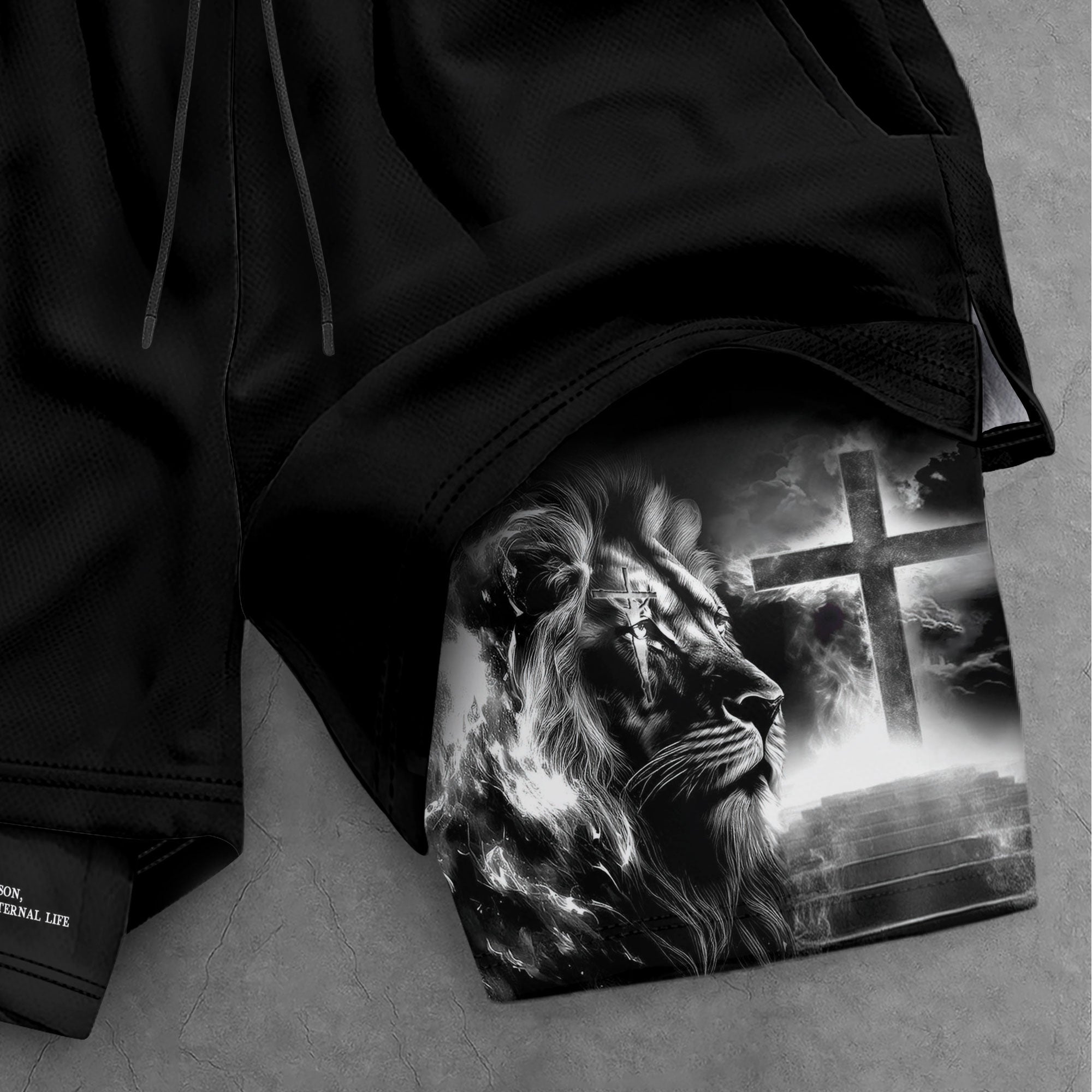 John 3:16 Christian Gym Shorts for Men Lion Cross Jesus Design - Rust Field Wear