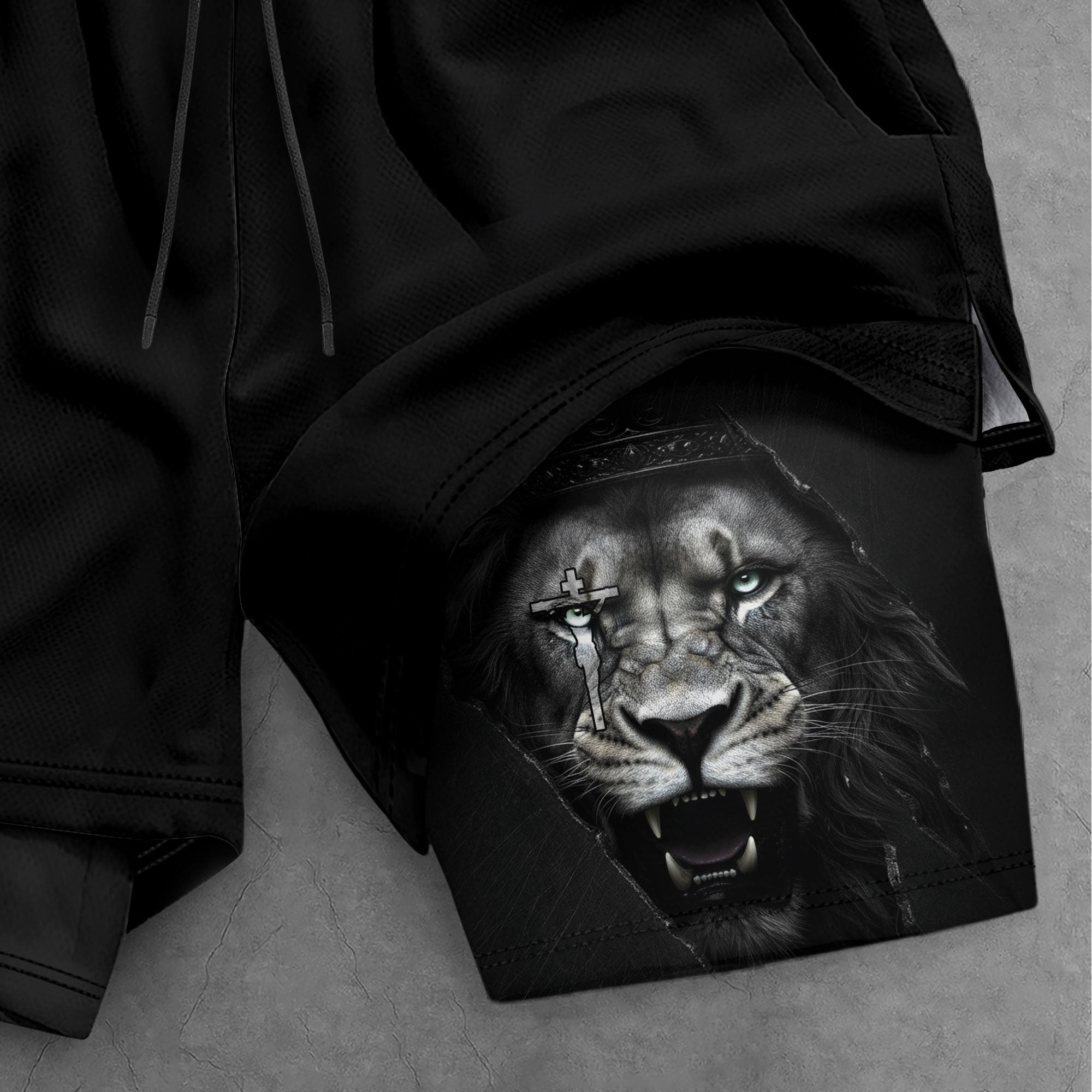 Psalm 27:1 Faith Over Fear Christian Gym Shorts Lion Cross Design - Rust Field Wear