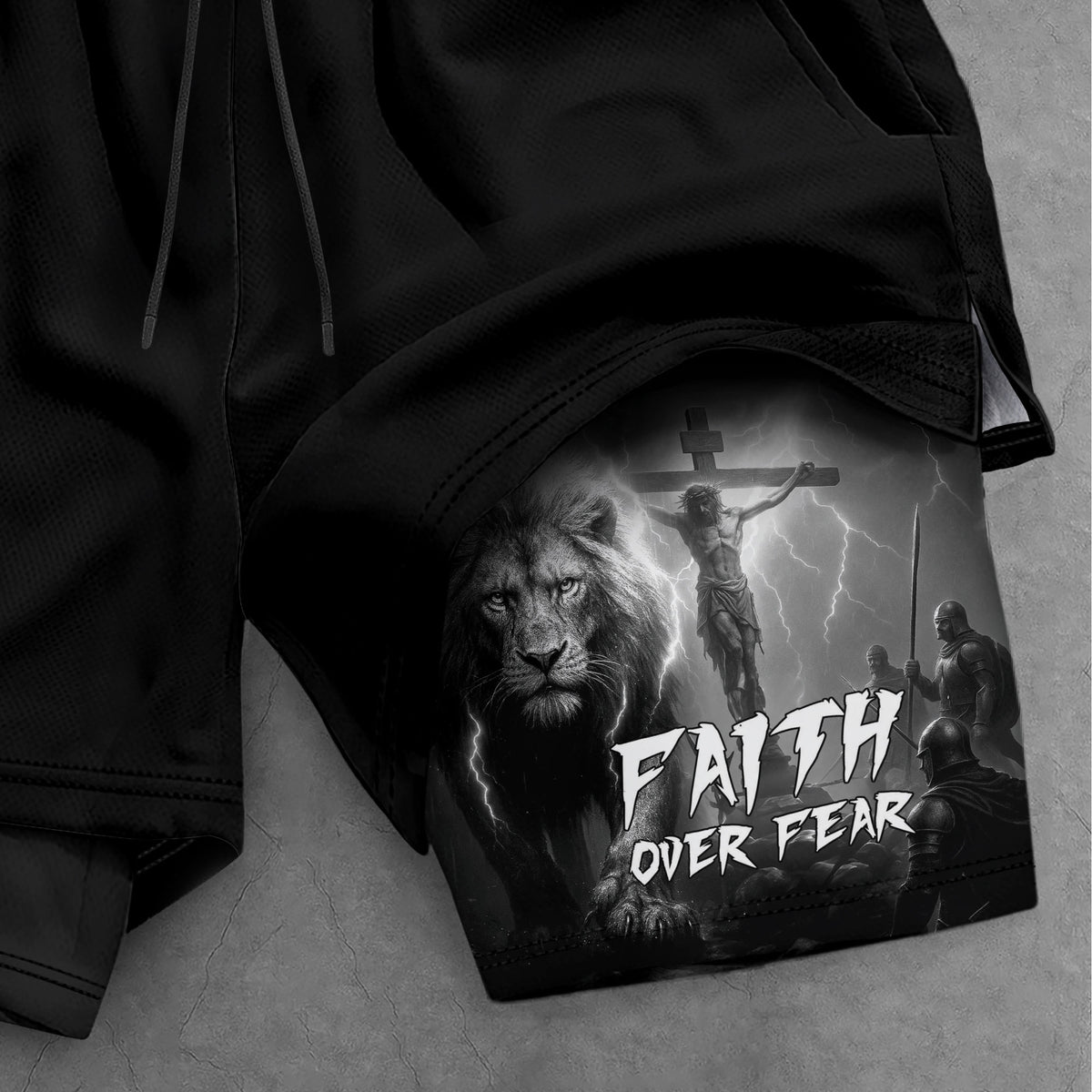 Psalm 27:1 Faith Over Fear Christian Gym Shorts Lion and Cross Design - Rust Field Wear