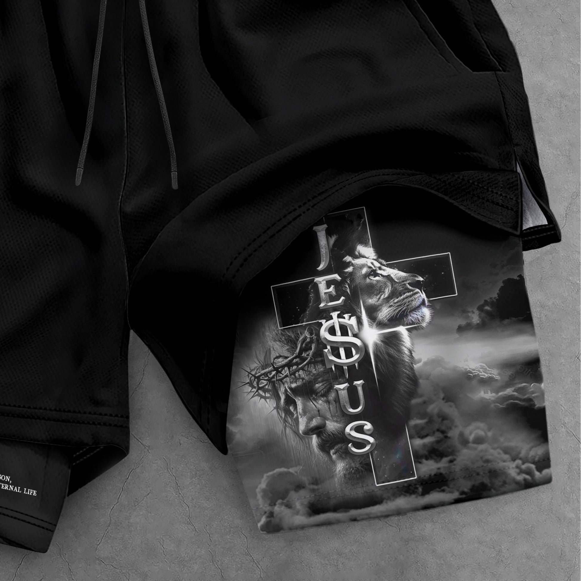John 3:16 Christian Shorts for Men Jesus Cross Lion Design - Rust Field Wear