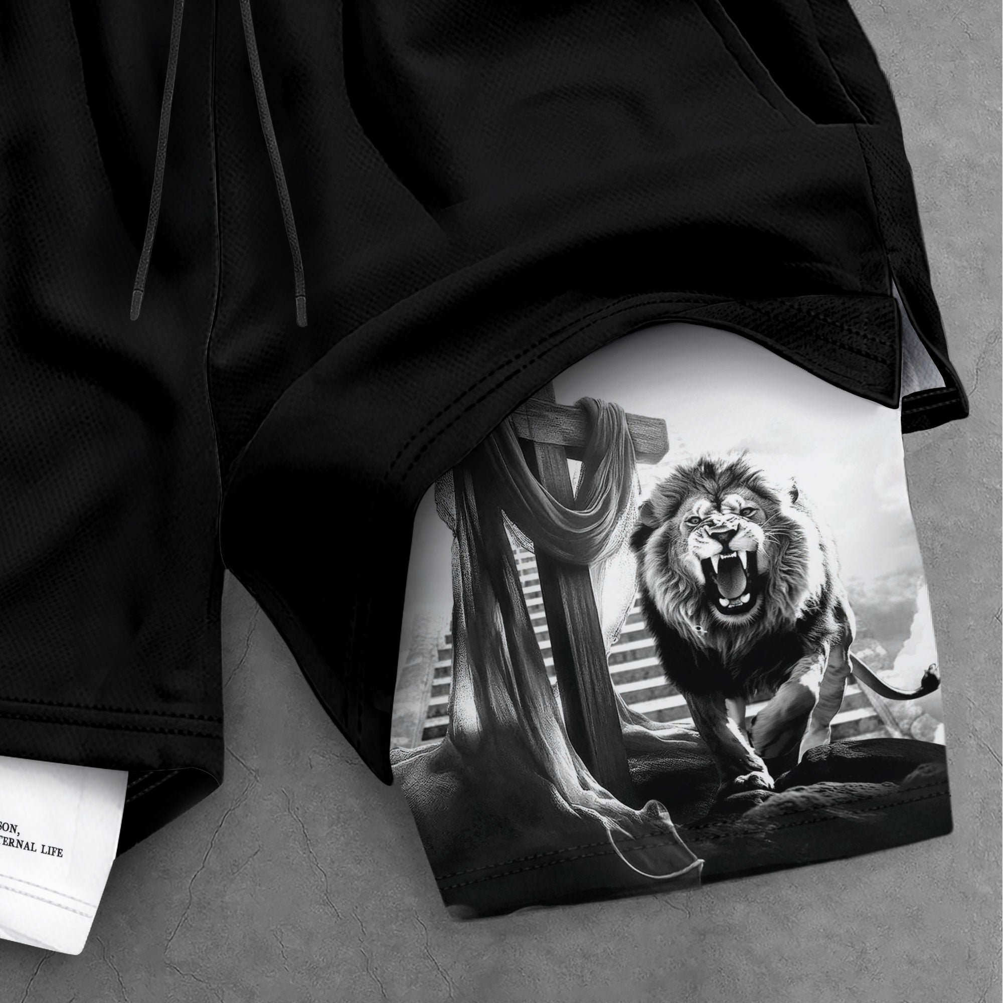 Christian Lion Cross Shorts for Men John 3:16 Bible Verse - Rust Field Wear