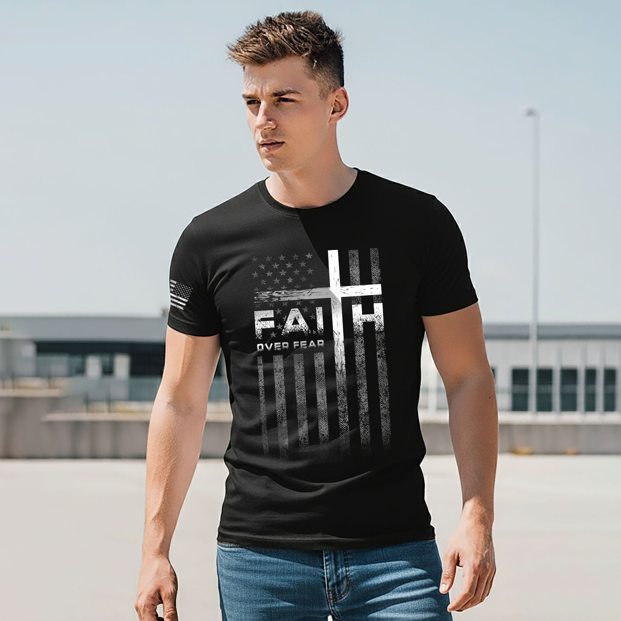 Faith Over Fear Christian T-Shirt Cross American Flag Design