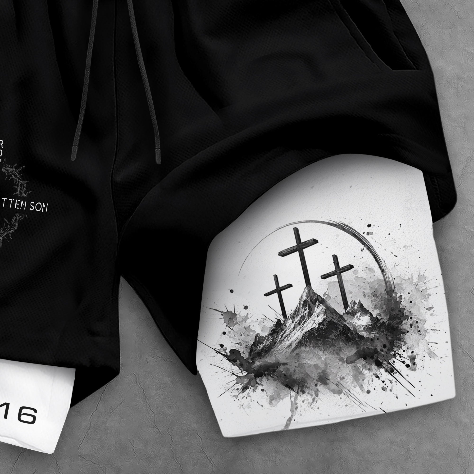 John 3:16 Christian Gym Shorts for Men with Liner Mountain Cross Design