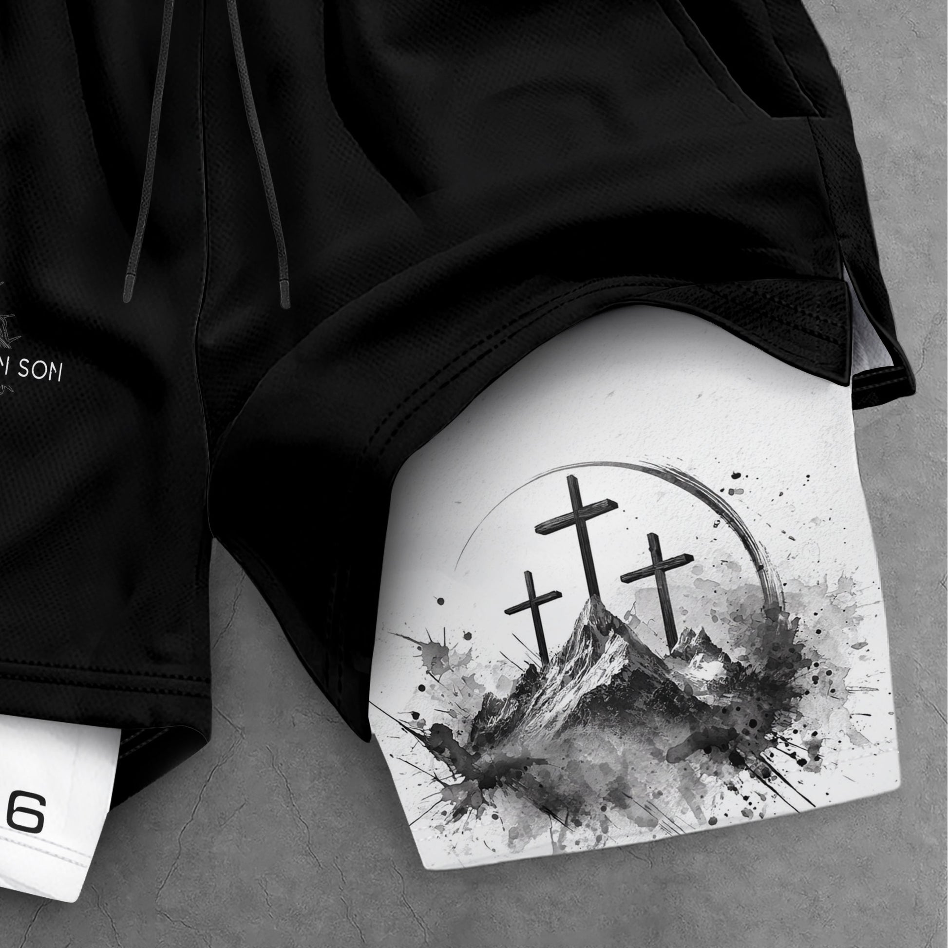 John 3:16 Christian Gym Shorts for Men with Liner Mountain Cross Design - Rust Field Wear