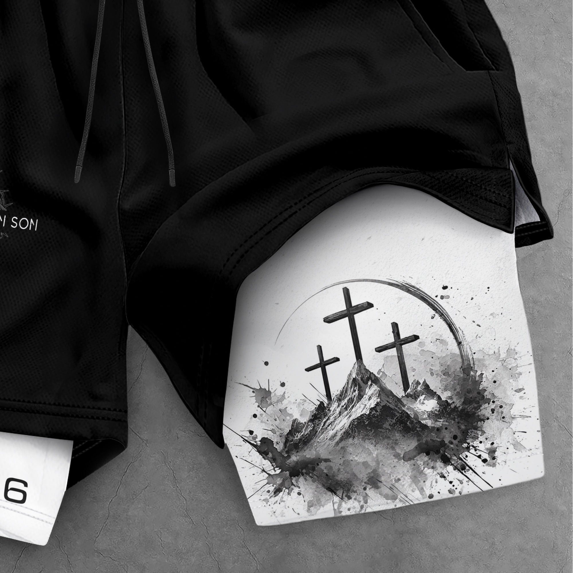 John 3:16 Christian Gym Shorts for Men with Liner Mountain Cross Design - Rust Field Wear