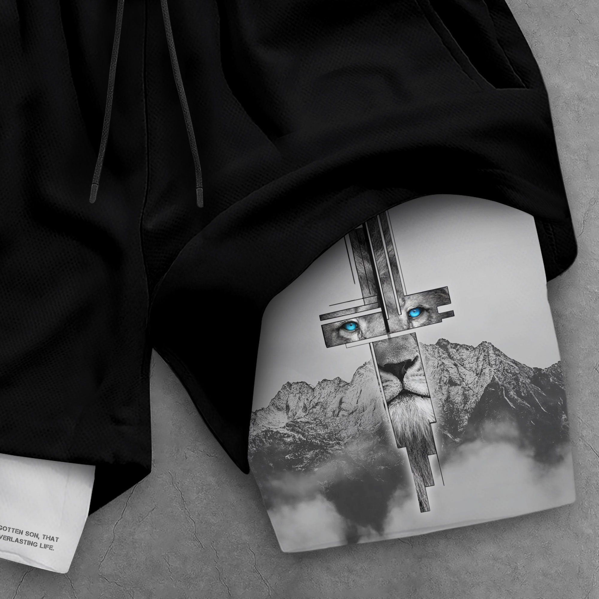 John 3:16 Christian Gym Shorts for Men with Liner Lion Cross Design