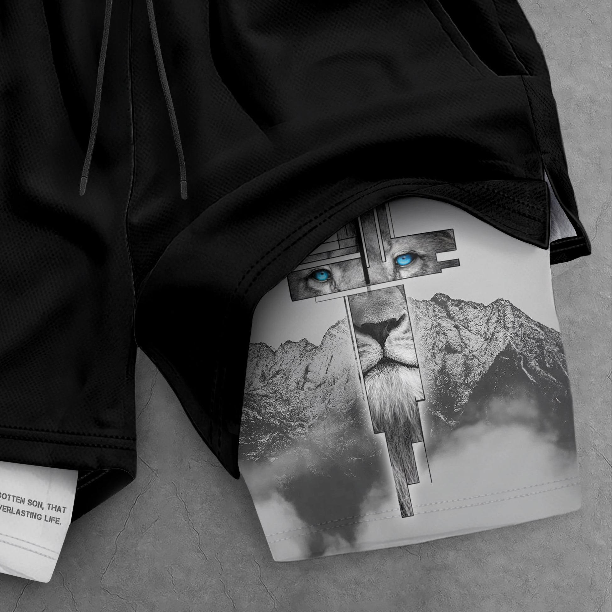 John 3:16 Christian Gym Shorts for Men with Liner Lion Cross Design - Rust Field Wear
