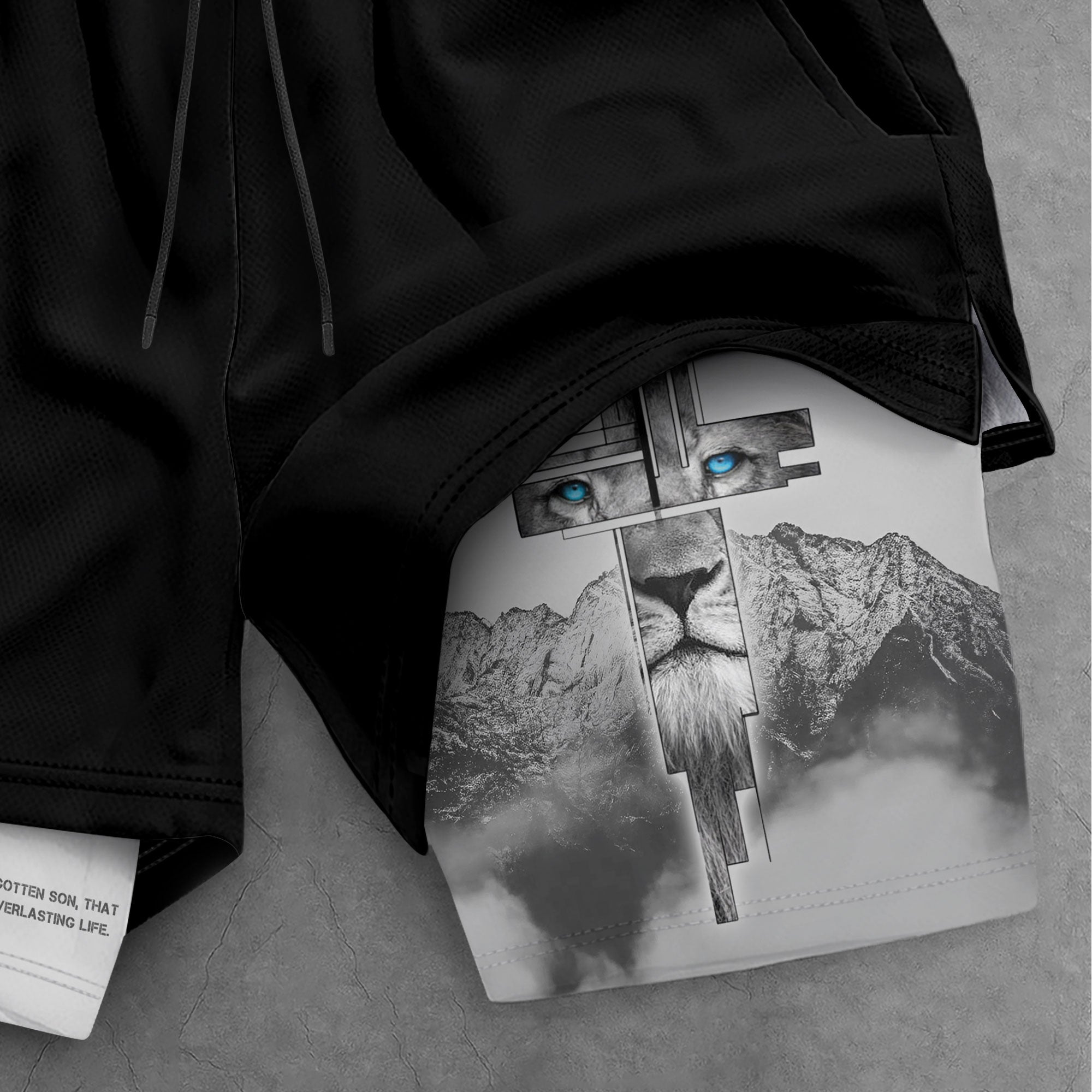 John 3:16 Christian Gym Shorts for Men with Liner Lion Cross Design - Rust Field Wear