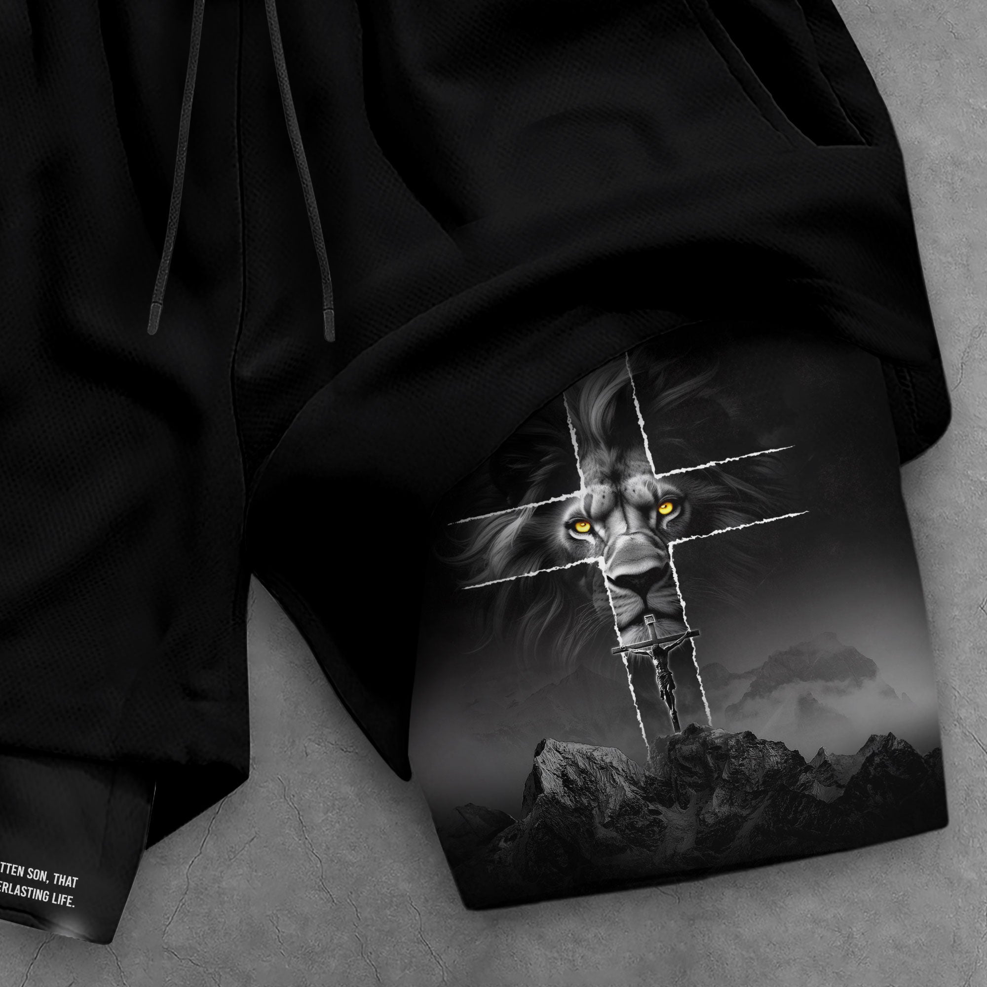 John 3:16 Christian Gym Shorts for Men with Liner Golden Eye Lion Design