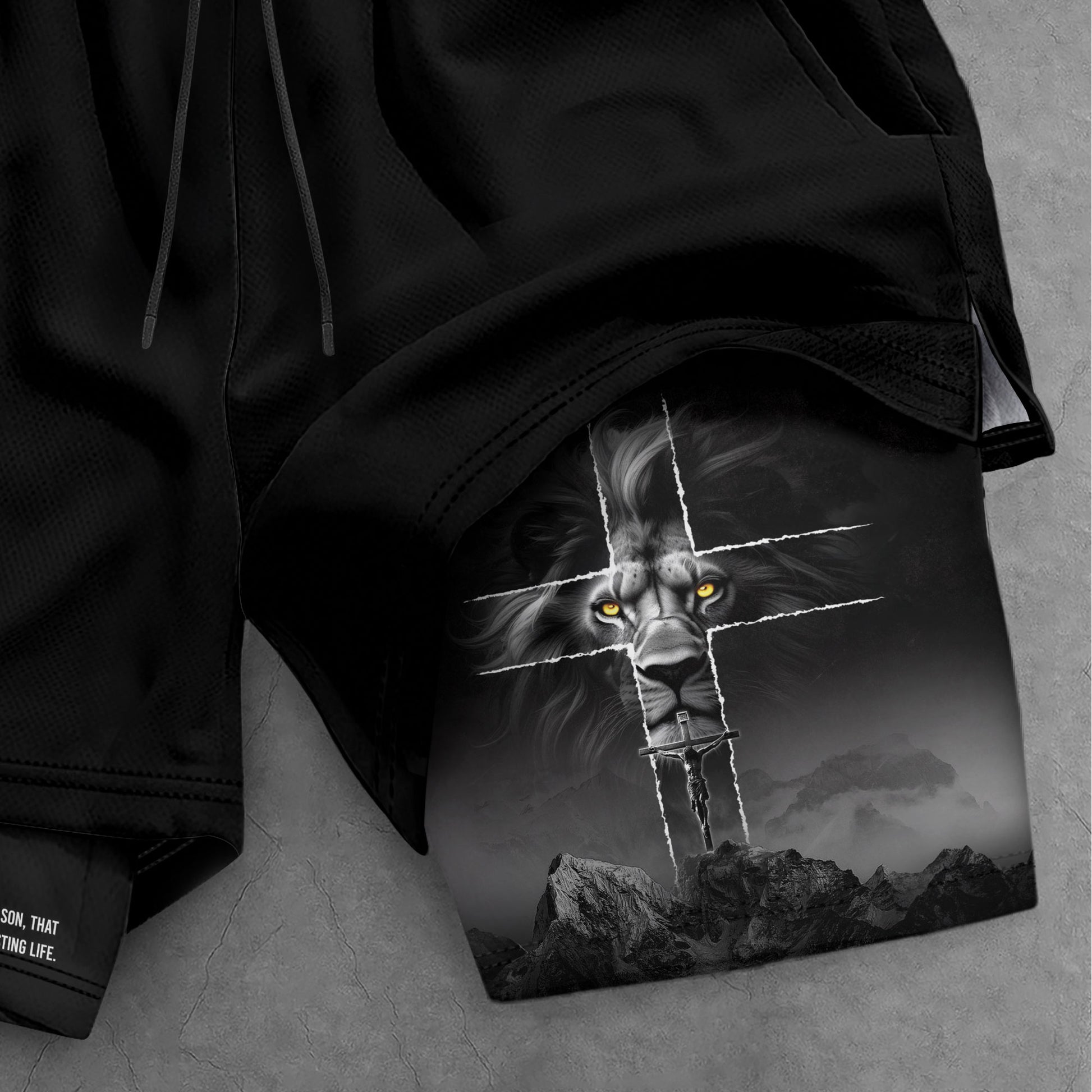 John 3:16 Christian Gym Shorts for Men with Liner Golden Eye Lion Design - Rust Field Wear