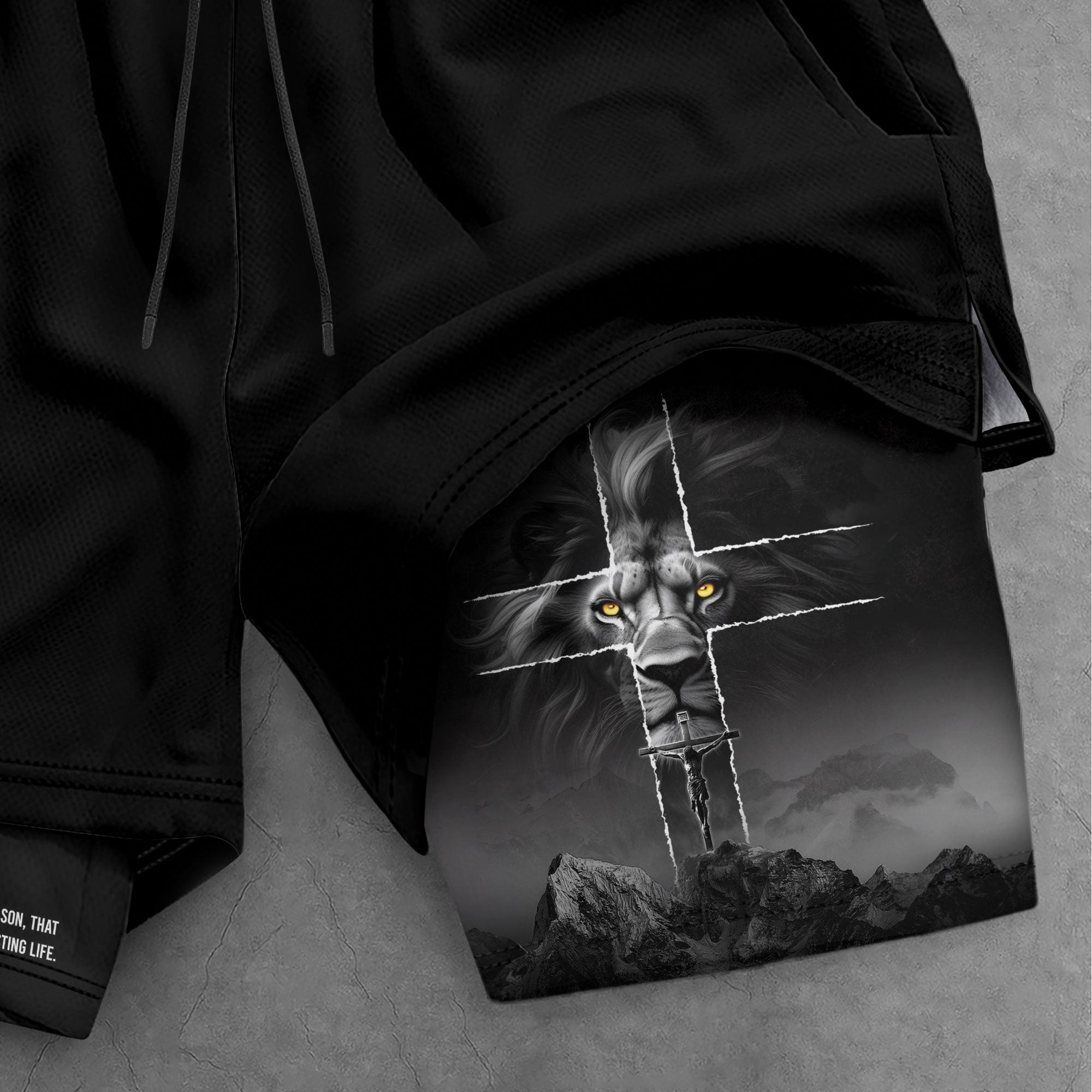 John 3:16 Christian Gym Shorts for Men with Liner Golden Eye Lion Design - Rust Field Wear
