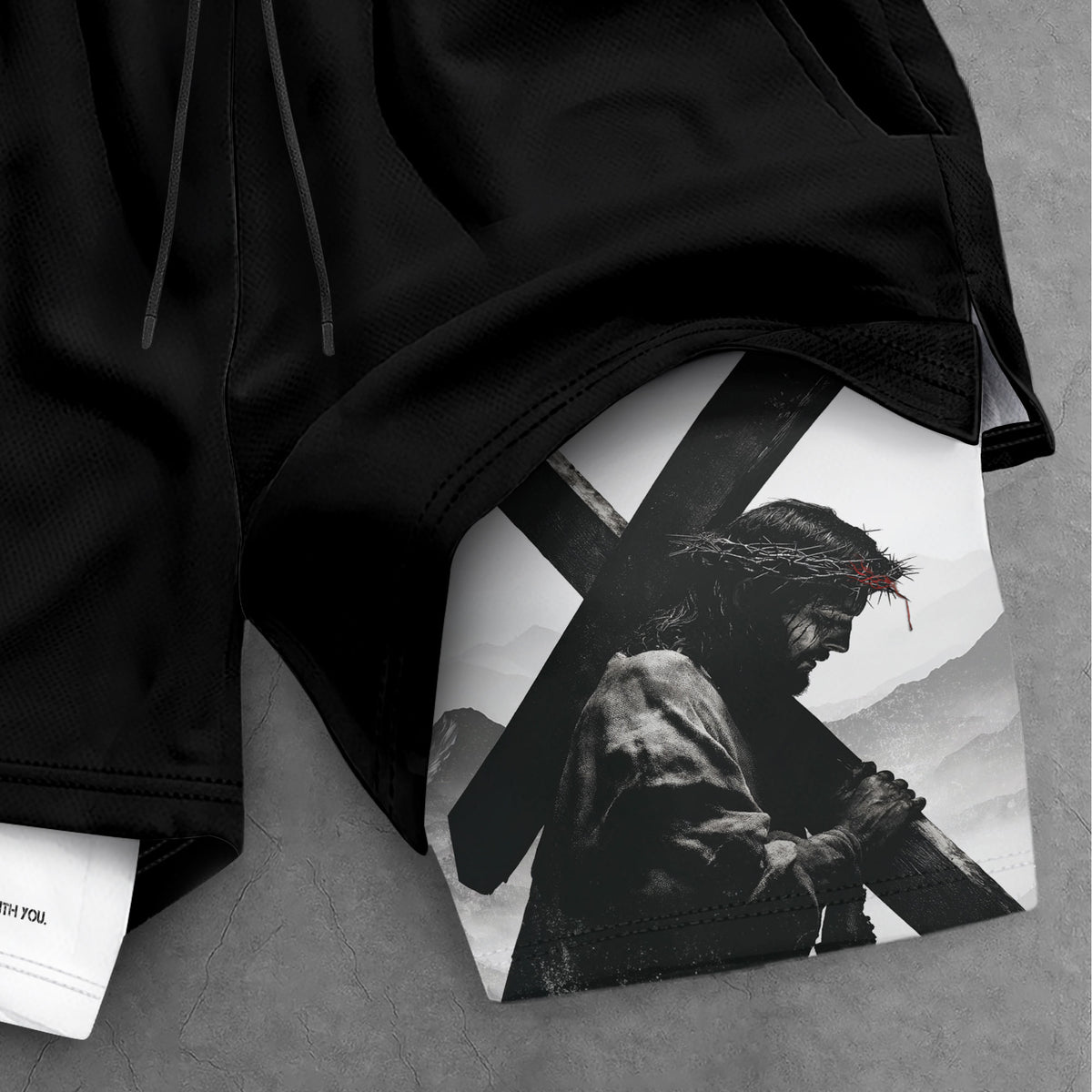 Joshua 1:9 Jesus Carrying Cross Christian Gym Shorts Faith Strength - Rust Field Wear