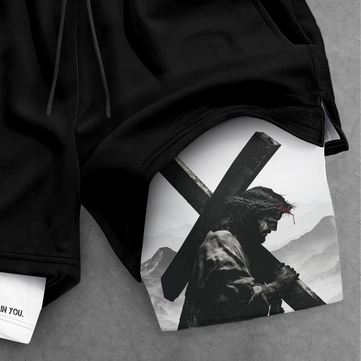 Psalm 56:3 Jesus Carrying the Cross Christian Gym Shorts - Rust Field Wear
