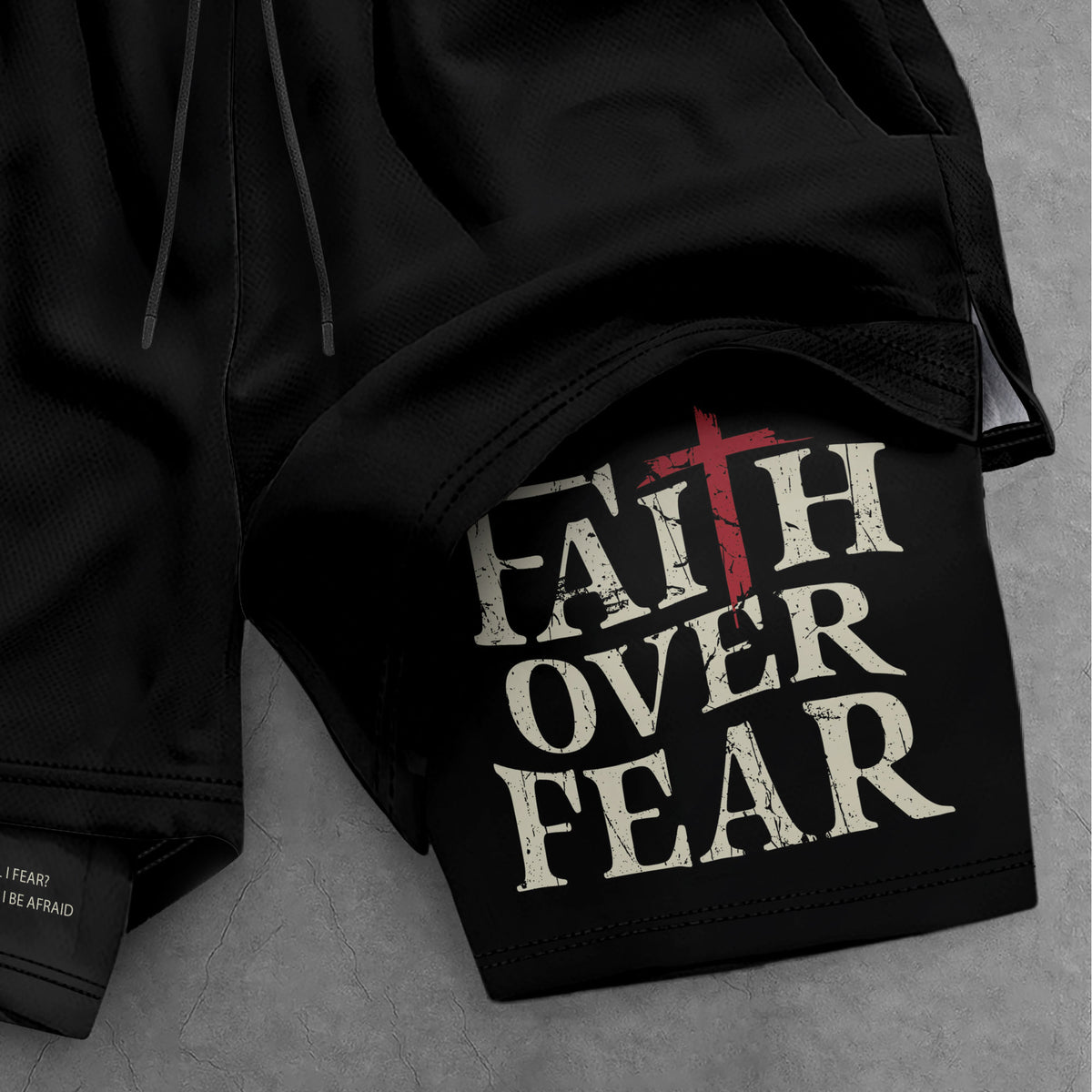 Faith Over Fear Christian Gym Shorts for Men Psalm 27:1 Red Cross upsale - Rust Field Wear