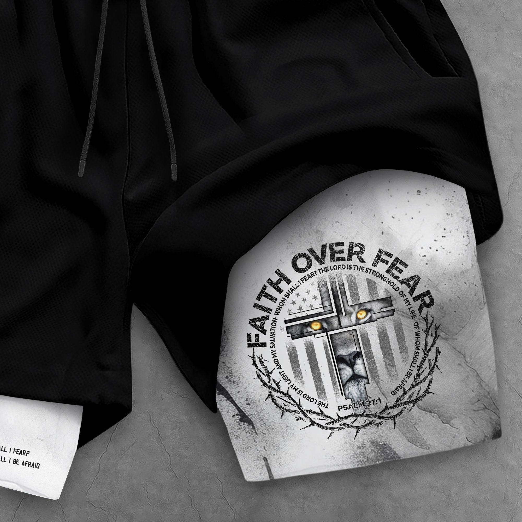 Faith Over Fear Christian Gym Shorts for Men Psalm 27 1 Armor Cross Lion