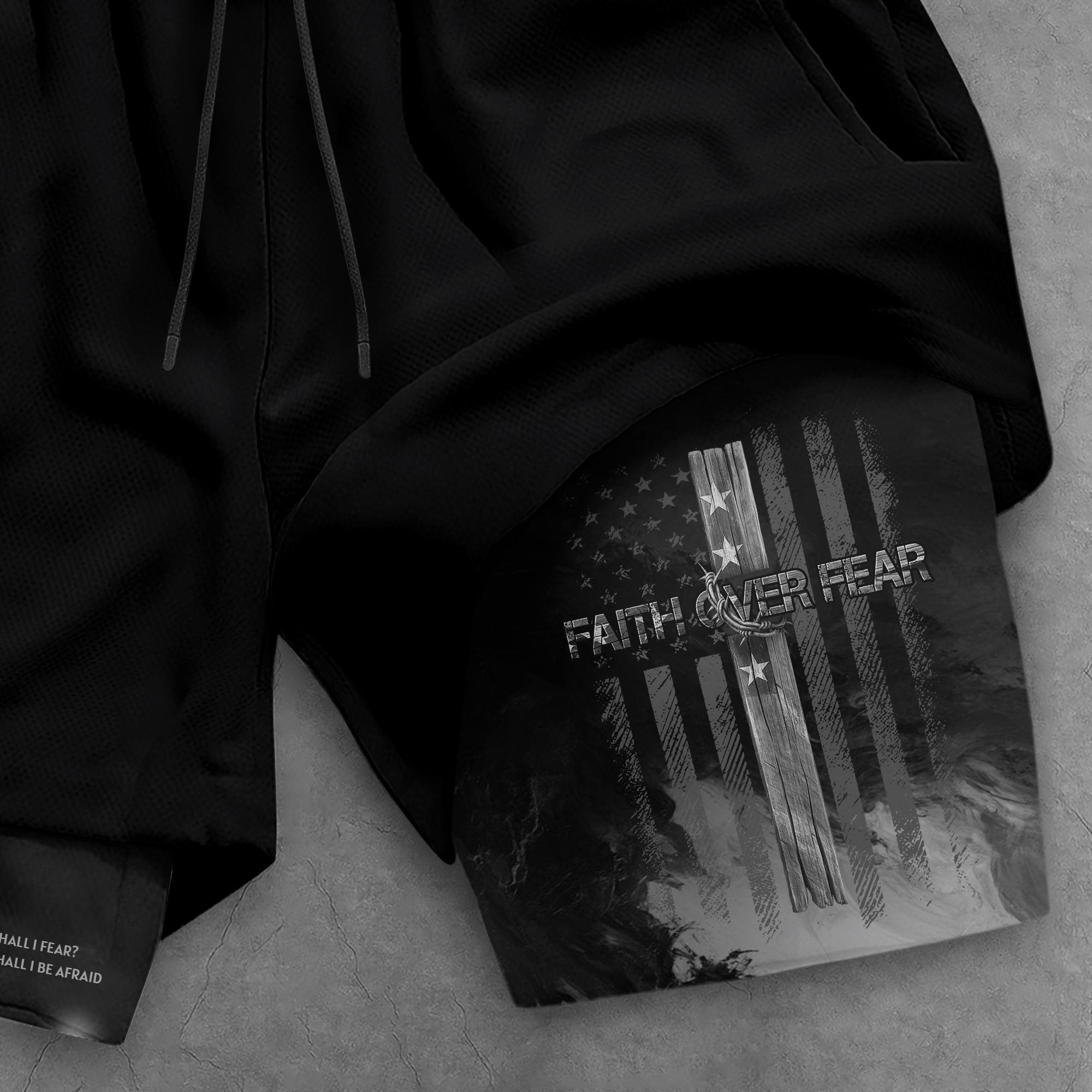 Faith Over Fear Christian Gym Shorts for Men Psalm 27 1 American Flag Cross
