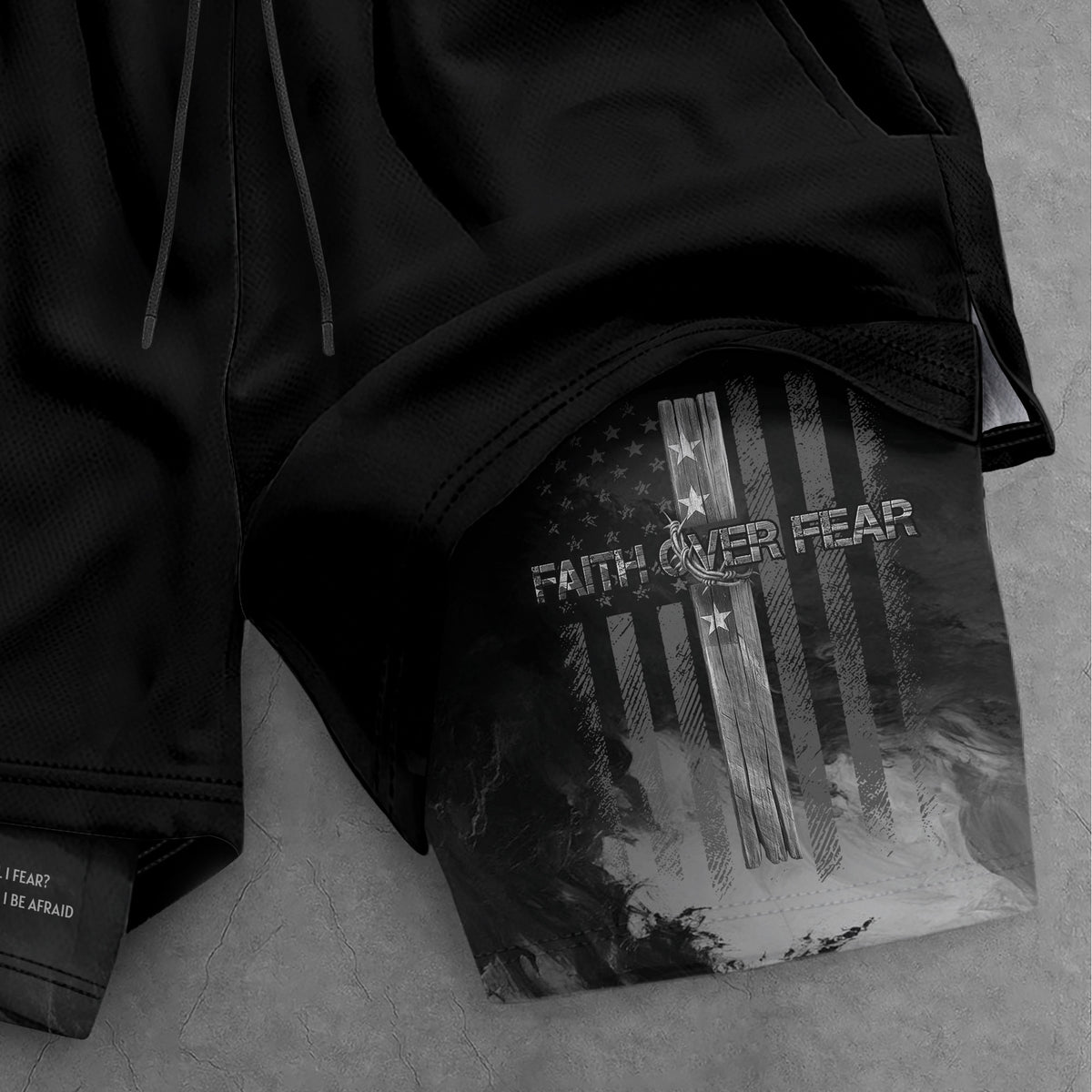 Faith Over Fear Christian Gym Shorts for Men Psalm 27:1 American Flag Cross - Rust Field Wear