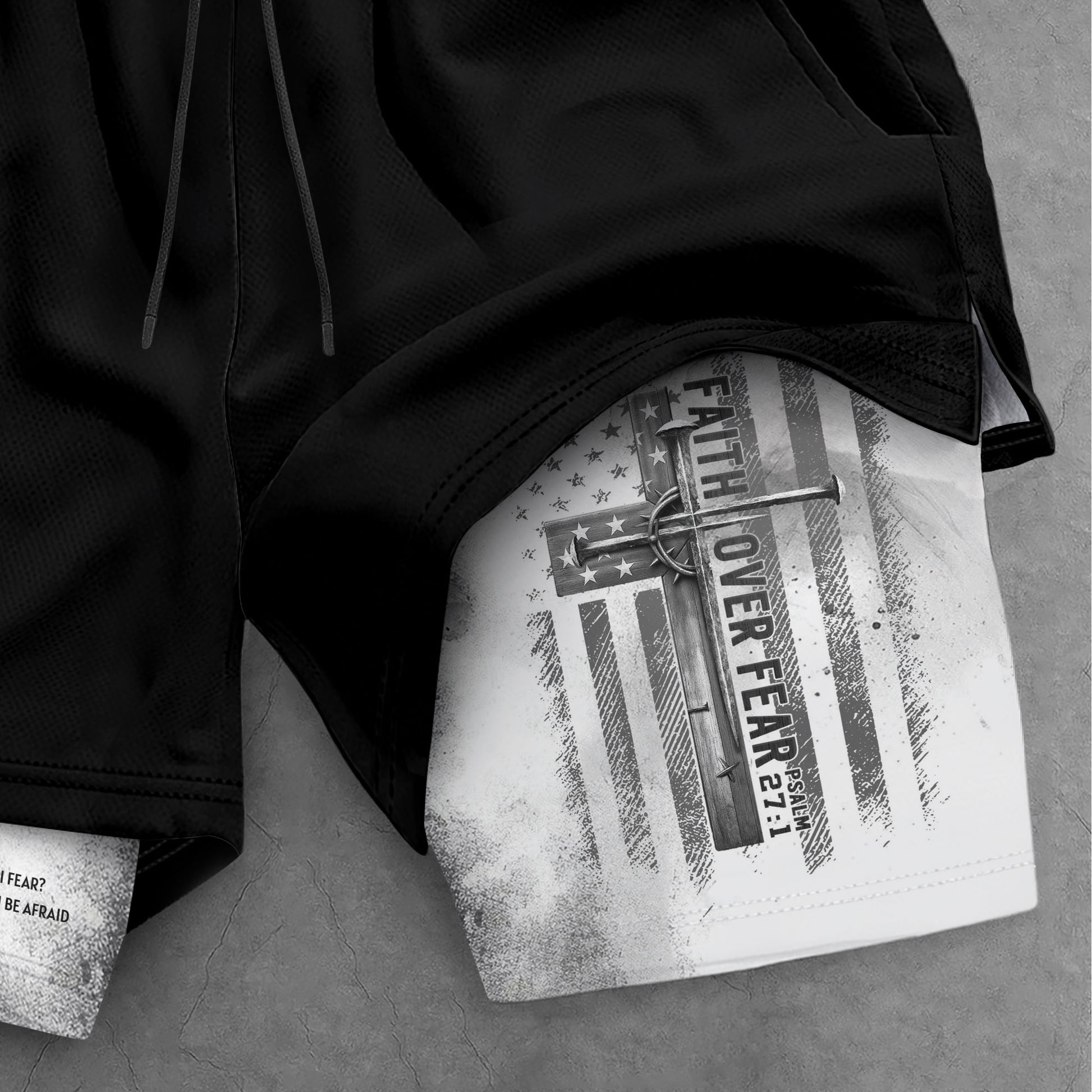 Faith Over Fear Christian Gym Shorts for Men Psalm 27:1 White Flag Cross - Rust Field Wear