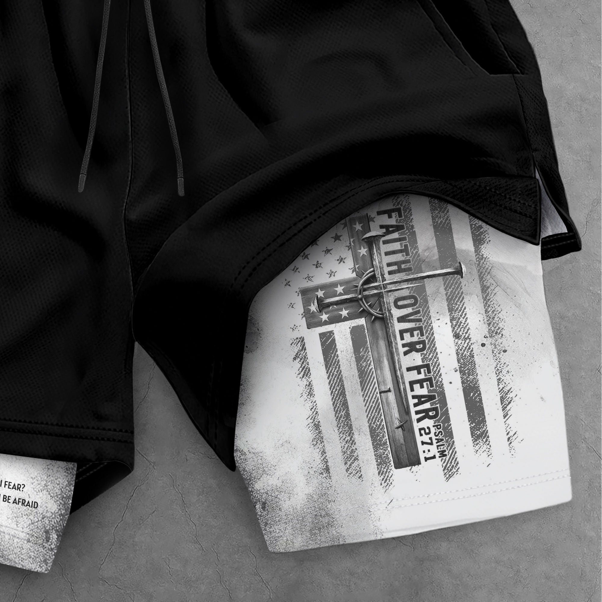 Faith Over Fear Christian Gym Shorts for Men Psalm 27:1 White Flag Cross - Rust Field Wear