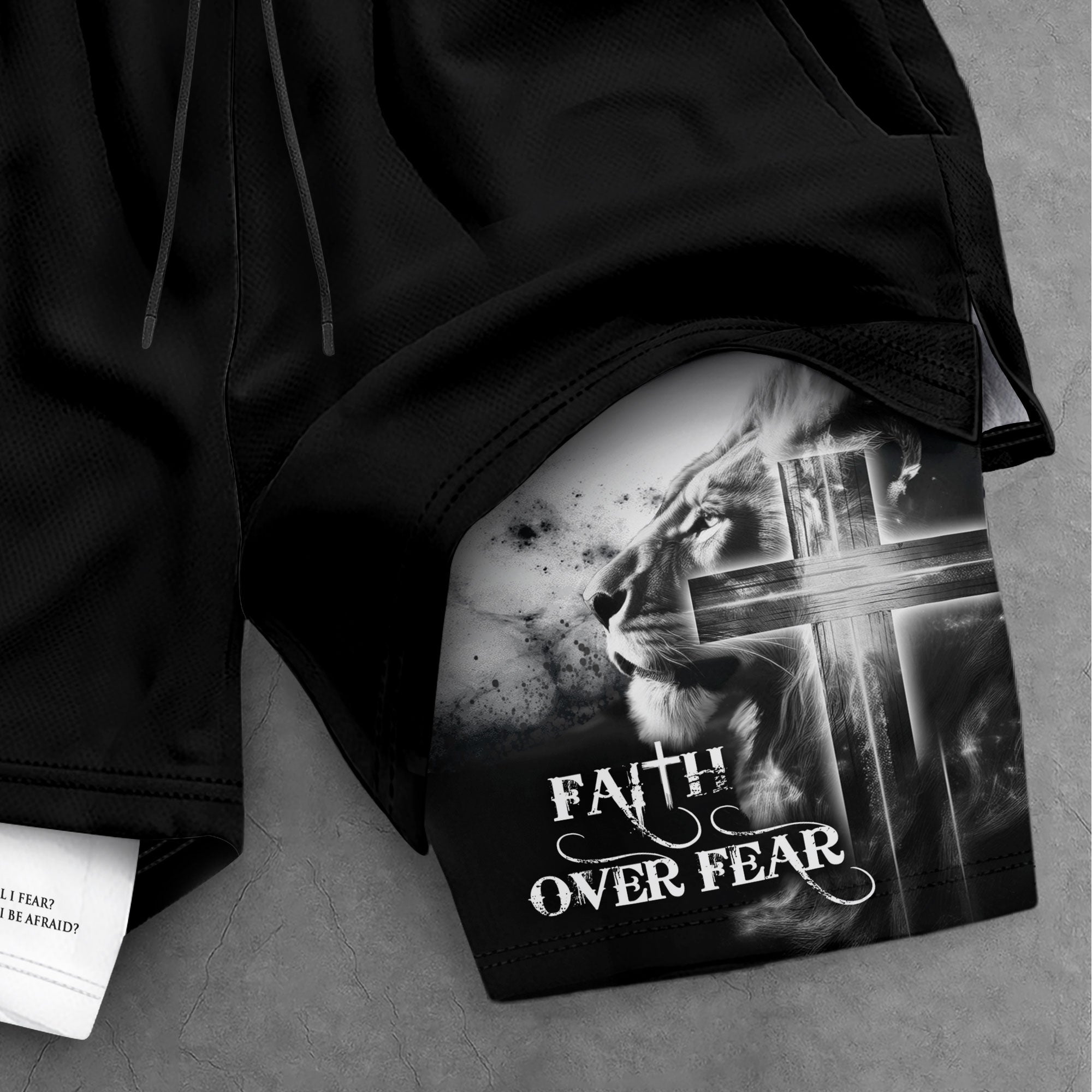 Faith Over Fear Christian Gym Shorts for Men – Psalm 27:1 Lion Cross - Rust Field Wear