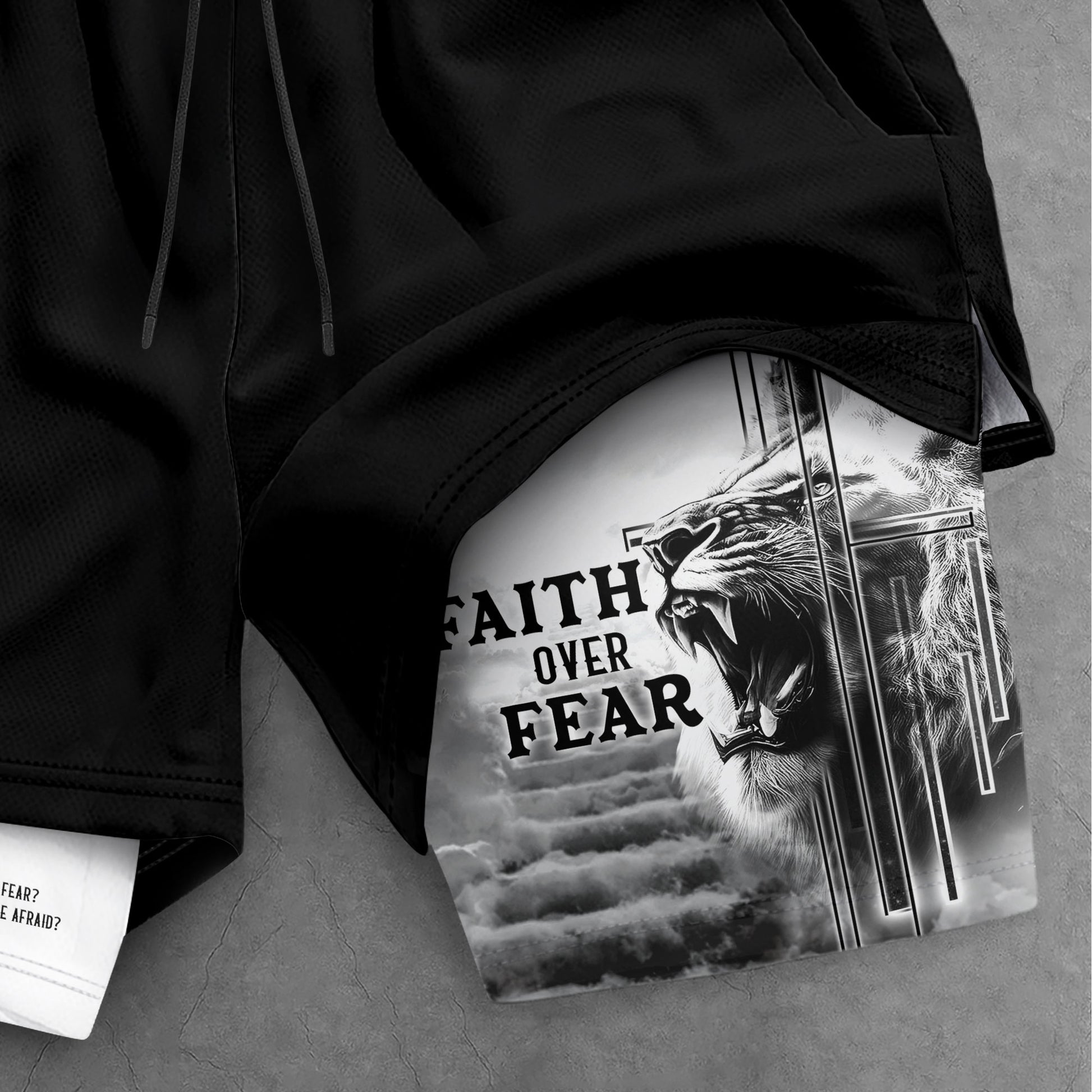 Faith Over Fear Christian Gym Shorts Psalm 27:1 Lion Cross - Rust Field Wear