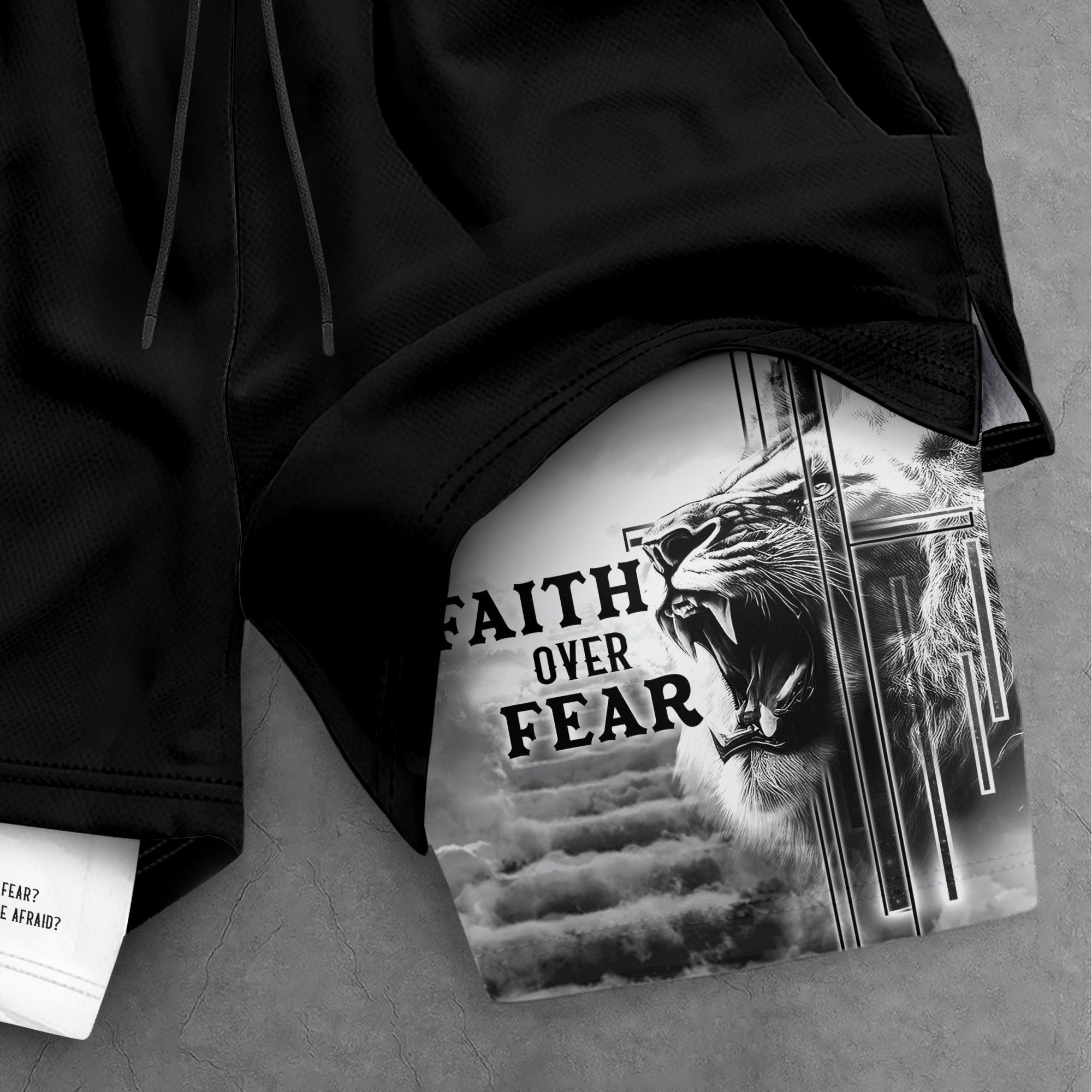 Faith Over Fear Christian Gym Shorts Psalm 27:1 Lion Cross - Rust Field Wear