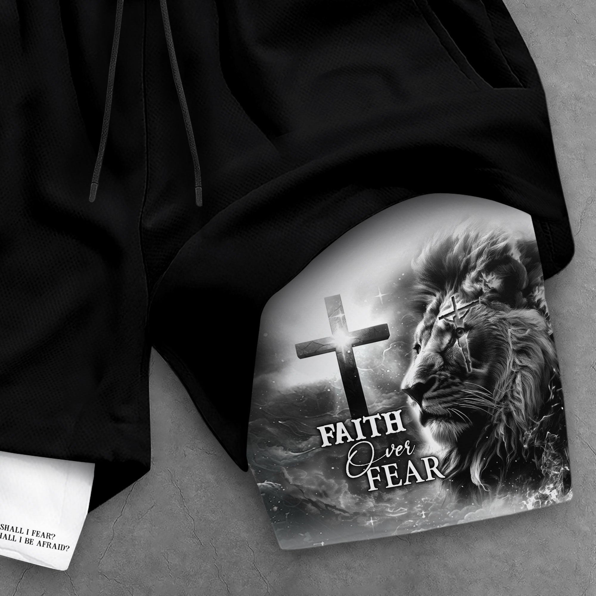Faith Over Fear Psalm 27 1 Lion Cross Christian Gym Shorts