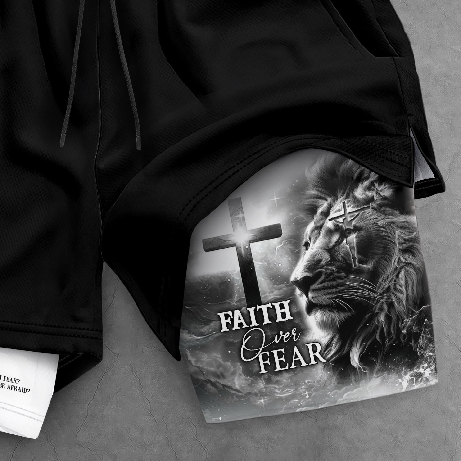 Faith Over Fear Psalm 27:1 Lion Cross Christian Gym Shorts - Rust Field Wear