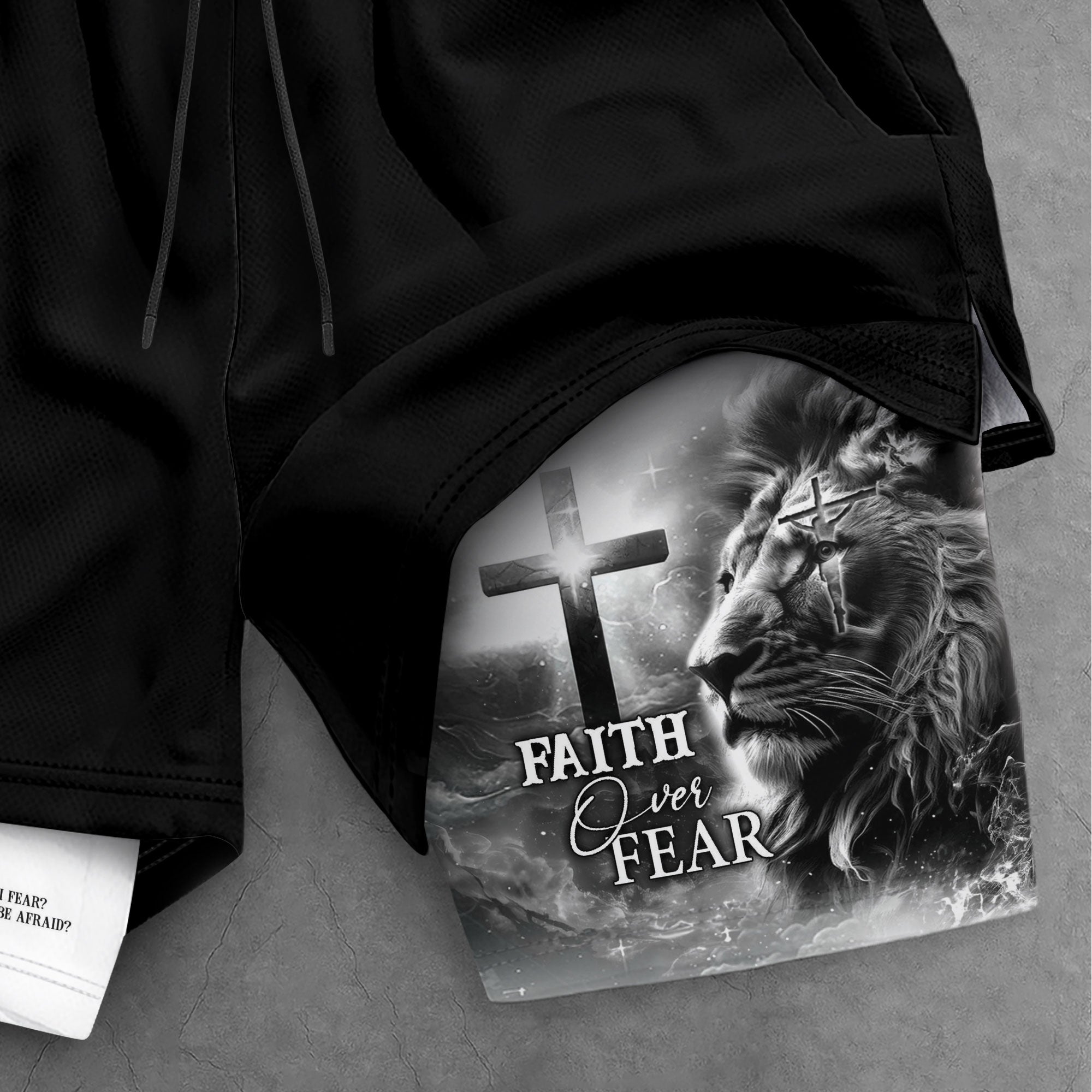 Faith Over Fear Psalm 27:1 Lion Cross Christian Gym Shorts - Rust Field Wear