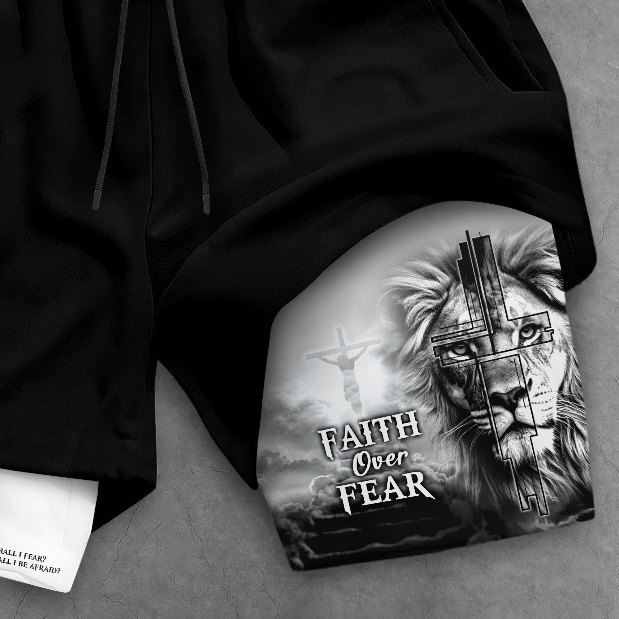 Faith Over Fear Psalm 27 1 Lion Cross Design Christian Gym Shorts