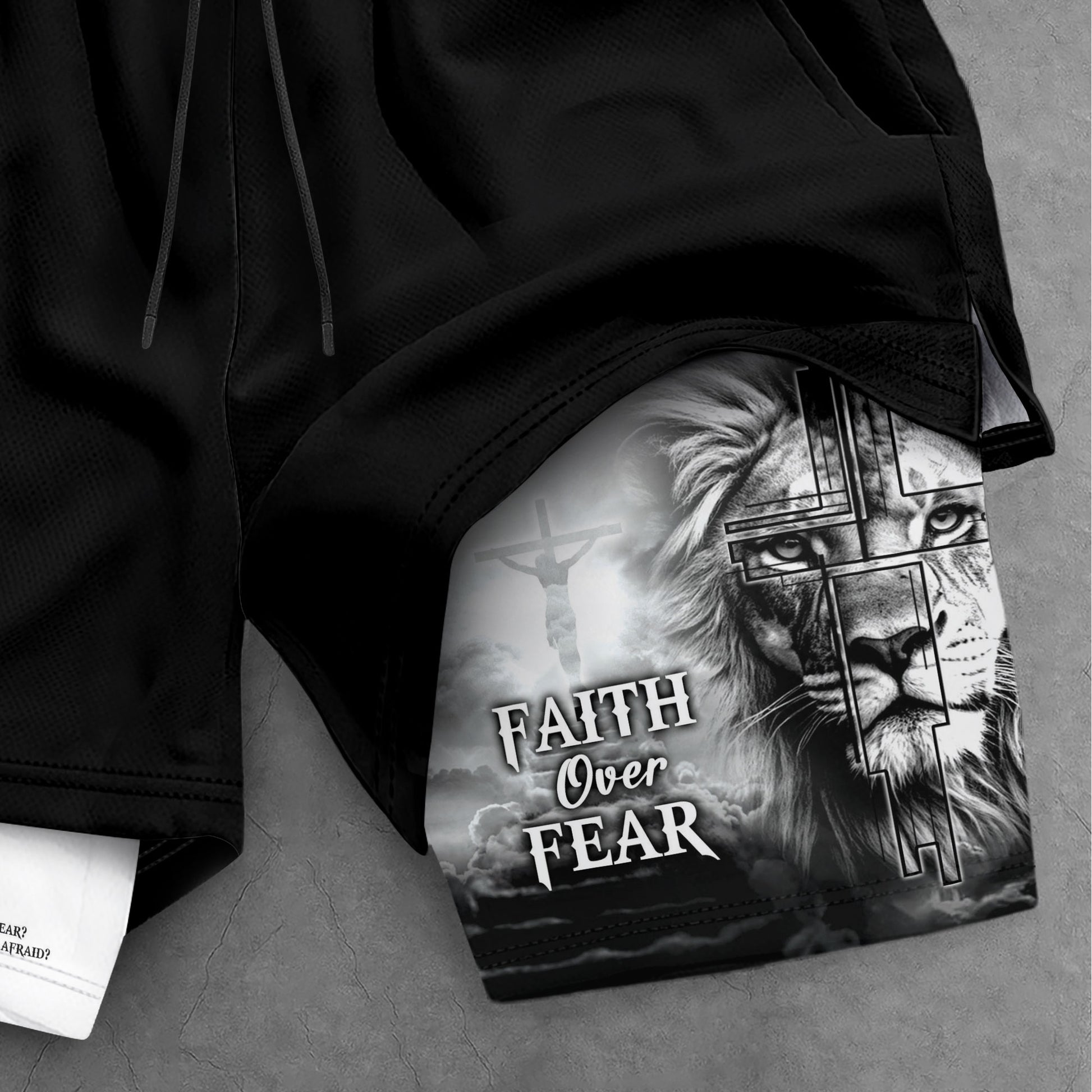 Faith Over Fear Psalm 27:1 Lion Cross Design Christian Gym Shorts - Rust Field Wear