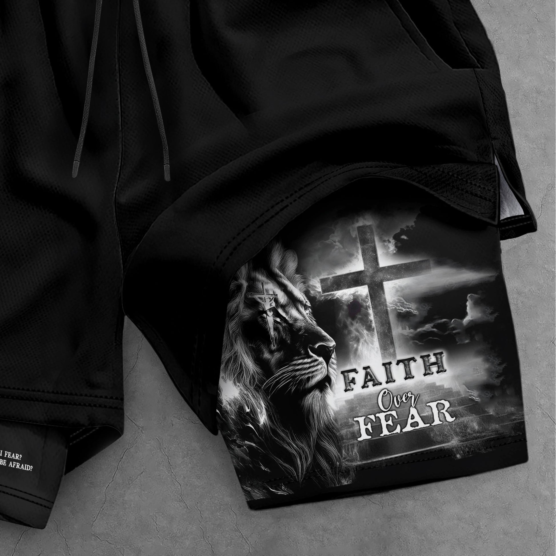 Faith Over Fear Psalm 27:1 Jesus Cross Lion Christian Gym Shorts - Rust Field Wear