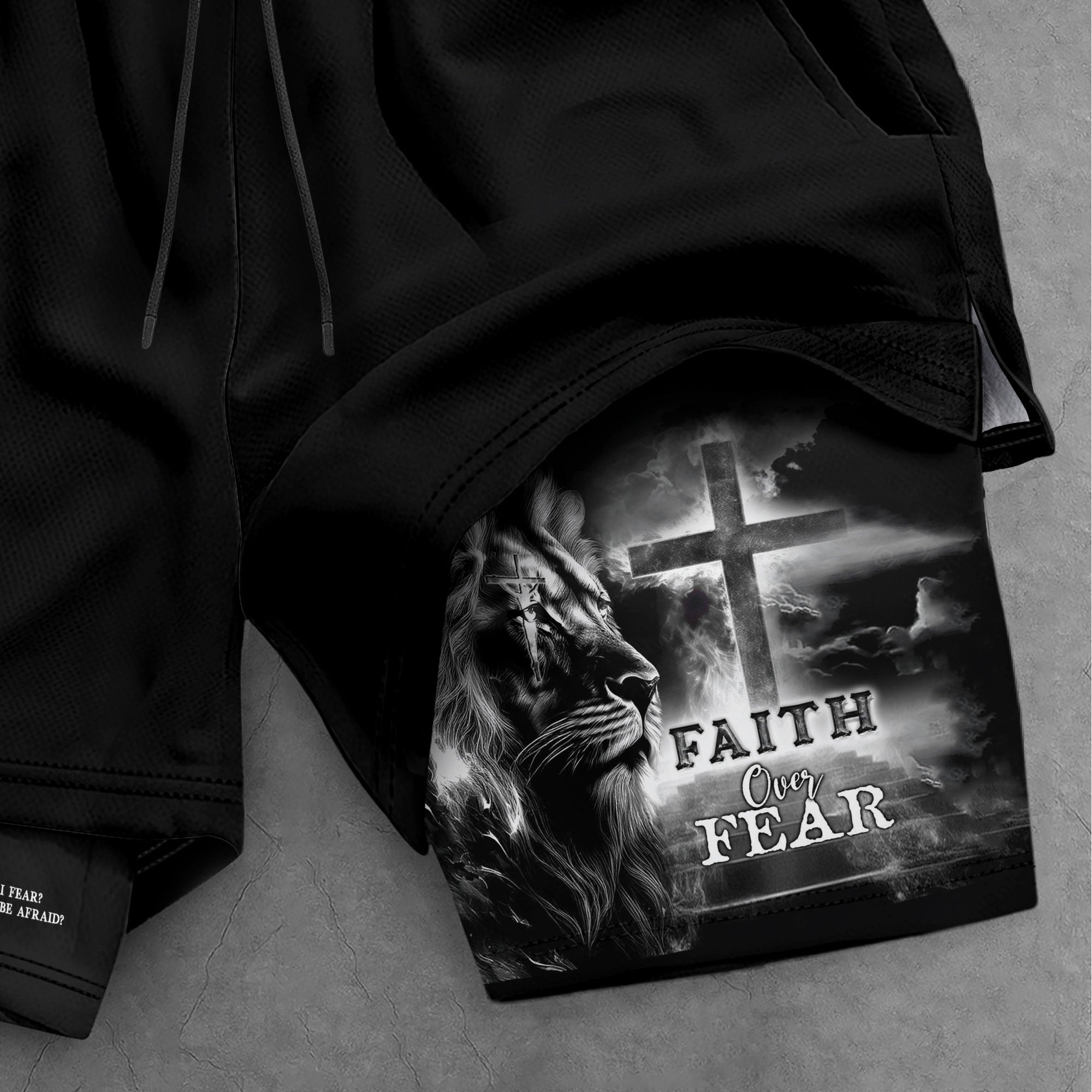 Faith Over Fear Psalm 27:1 Jesus Cross Lion Christian Gym Shorts - Rust Field Wear