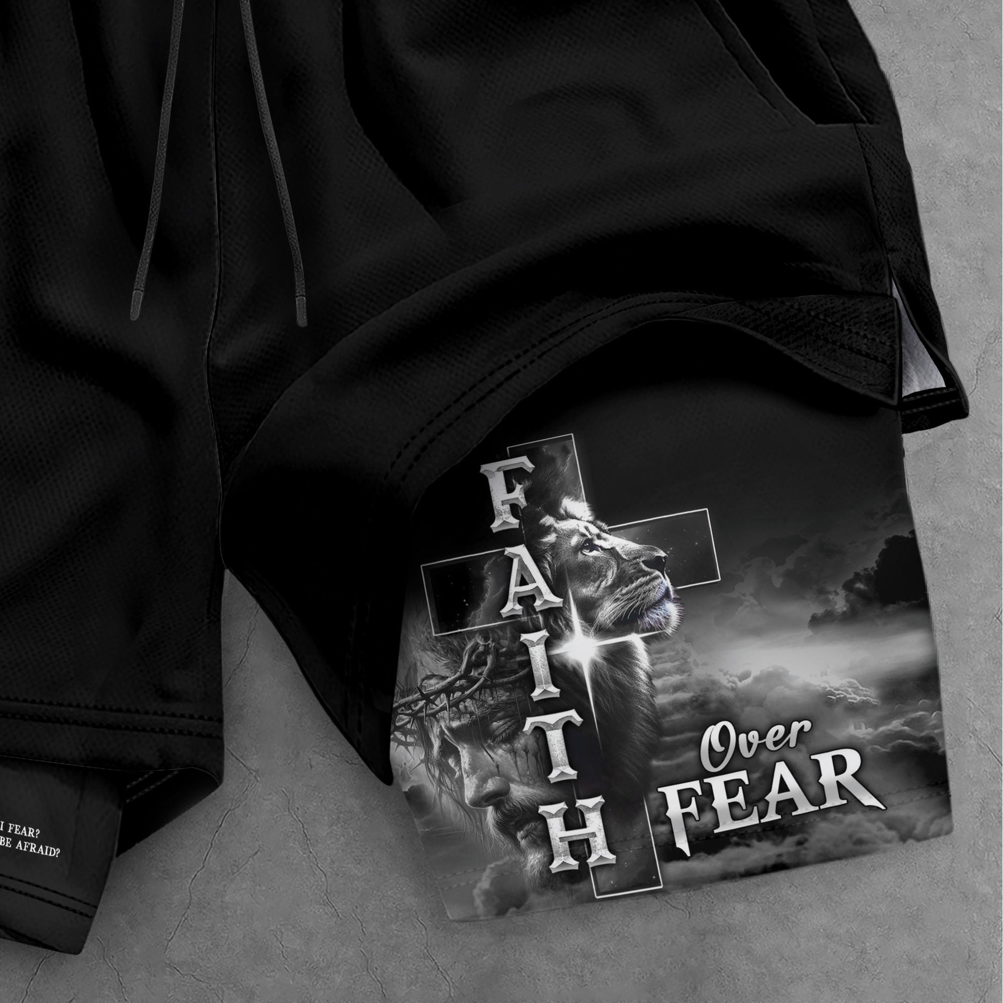 Faith Over Fear Psalm 27:1 Lion Cross Christian Gym Shorts for Men - Rust Field Wear