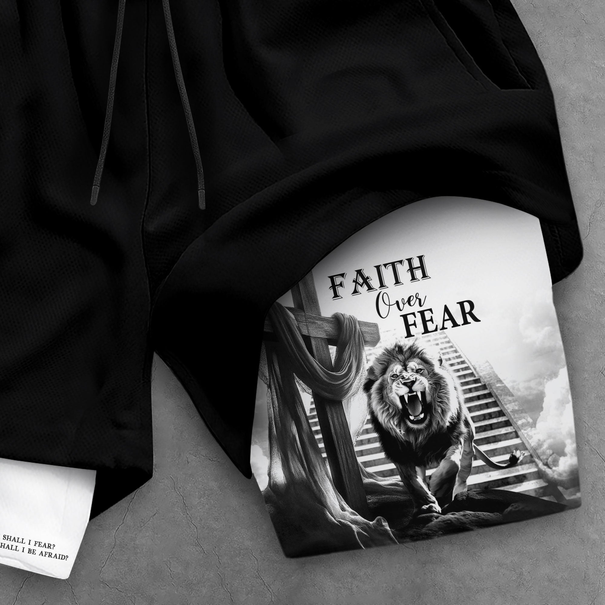 Faith Over Fear Christian Gym Shorts for Men Jesus Cross Bible Verse