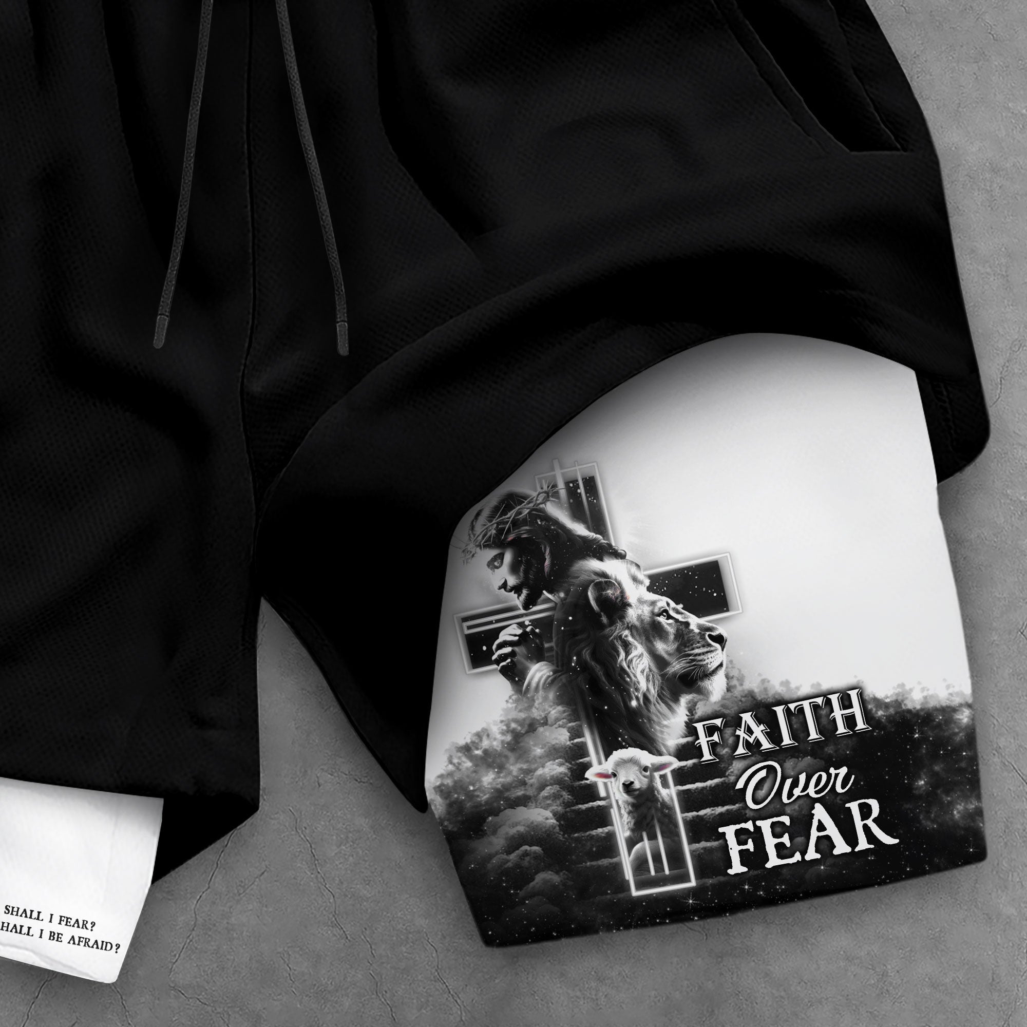 Psalm 27 1 Faith Over Fear Christian Gym Shorts for Men Lion Cross Design