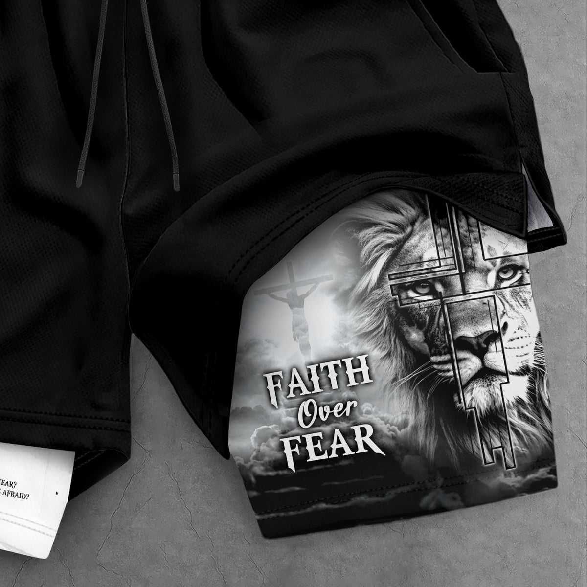 Psalm 27:1 Faith Over Fear Christian Gym Shorts for Men Lion Cross Design - Rust Field Wear