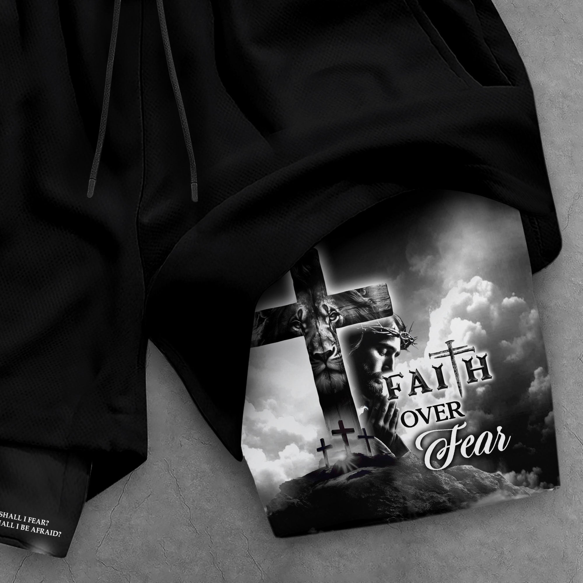 Faith Over Fear Christian Gym Shorts for Men Psalm 27 1 Cross of Jesus