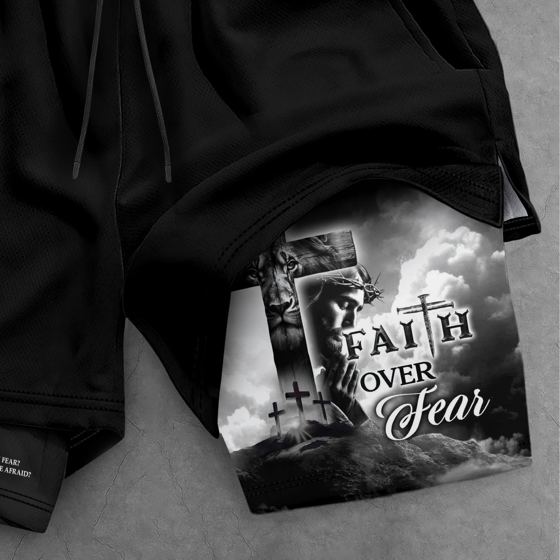 Faith Over Fear Christian Gym Shorts for Men Psalm 27:1 Cross of Jesus - Rust Field Wear