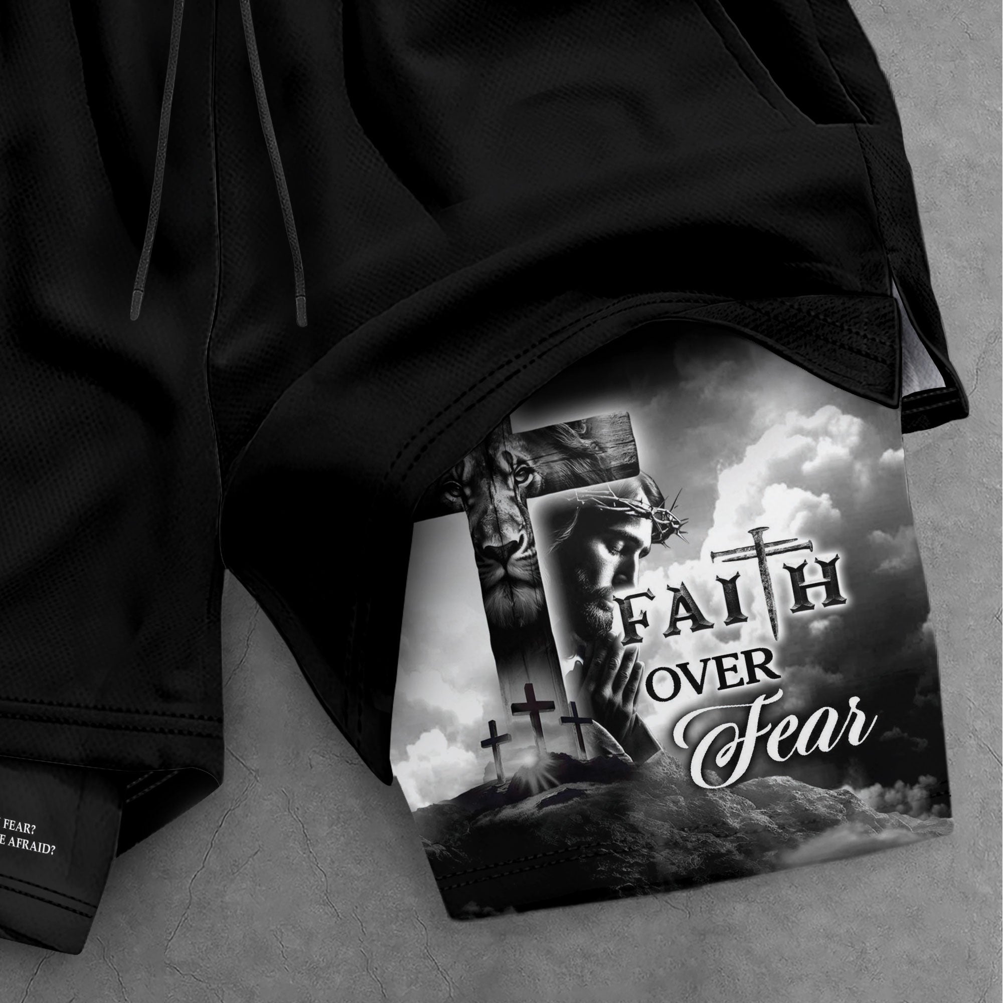 Faith Over Fear Christian Gym Shorts for Men Psalm 27:1 Cross of Jesus - Rust Field Wear
