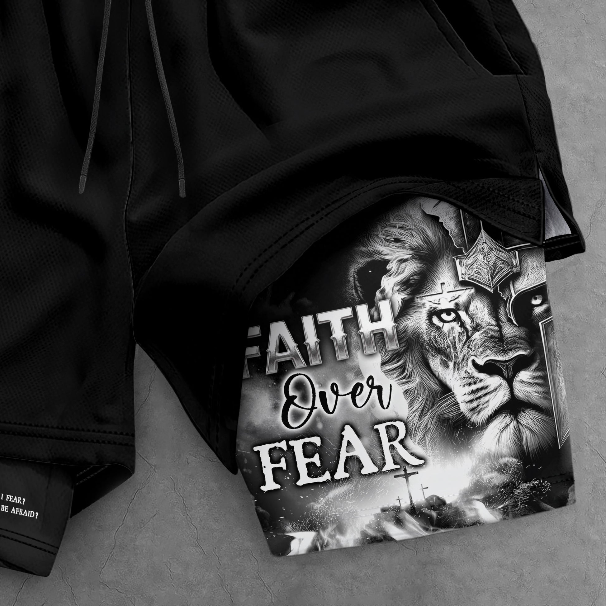 Psalm 27:1 Faith Over Fear Christian Gym Shorts for Men Warrior Cross Design - Rust Field Wear