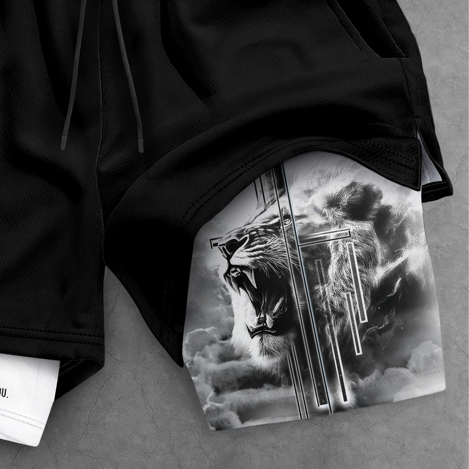Joshua 1:9 Christian Gym Shorts for Men Lion Cross Faith Design - Rust Field Wear