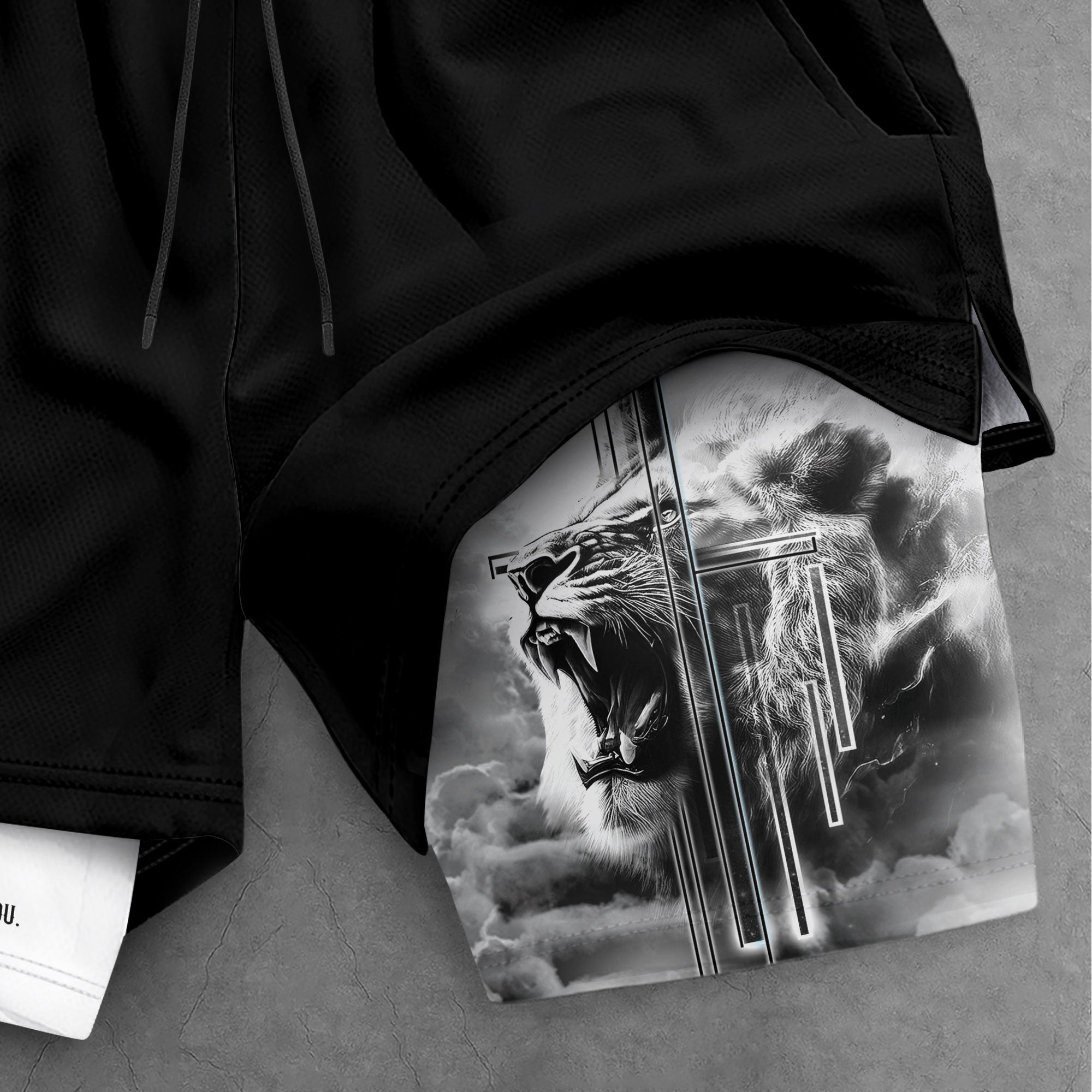 Joshua 1:9 Christian Gym Shorts for Men Lion Cross Faith Design - Rust Field Wear