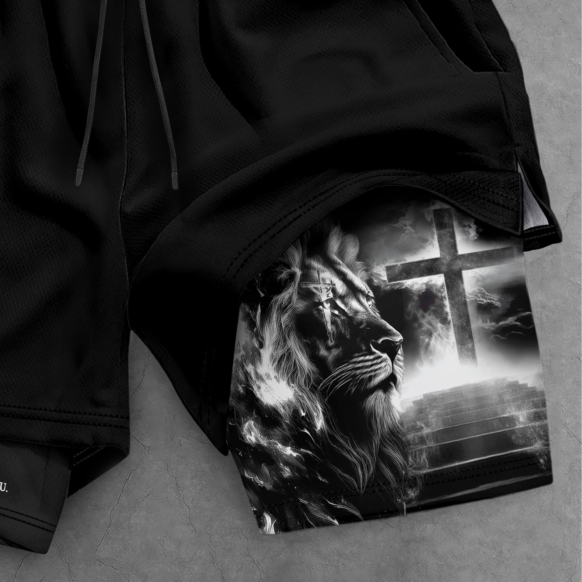 Joshua 1:9 Christian Gym Shorts for Men Lion Cross Faith Strength - Rust Field Wear